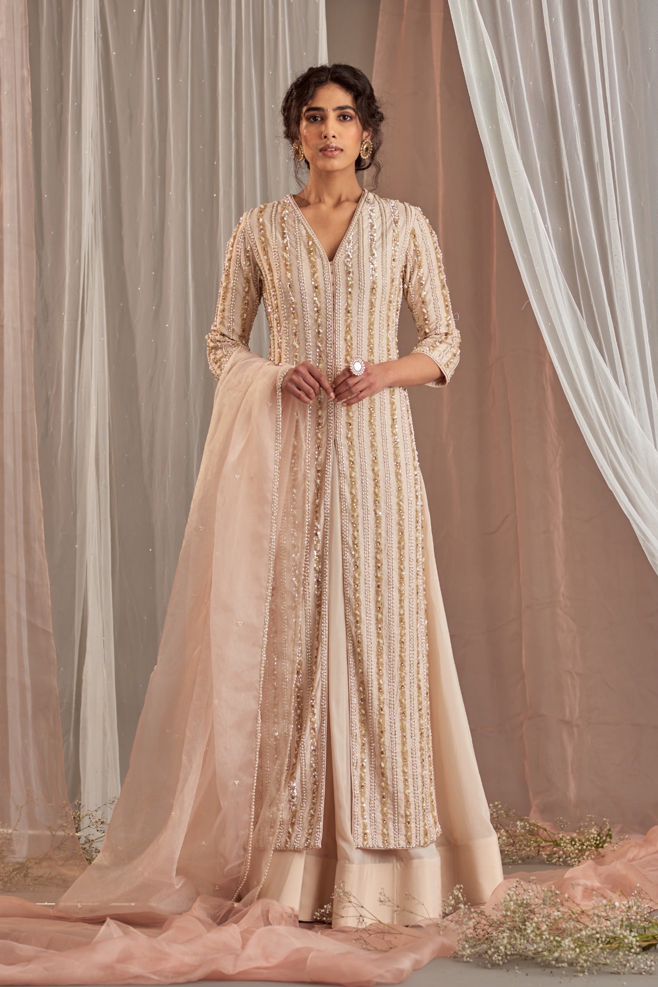 Ujwal Sitaare Kurta Lehenga Set Champagne Long Embroidered Kurta Is Paired With Crepe Lehenga And Embellished Dupatta