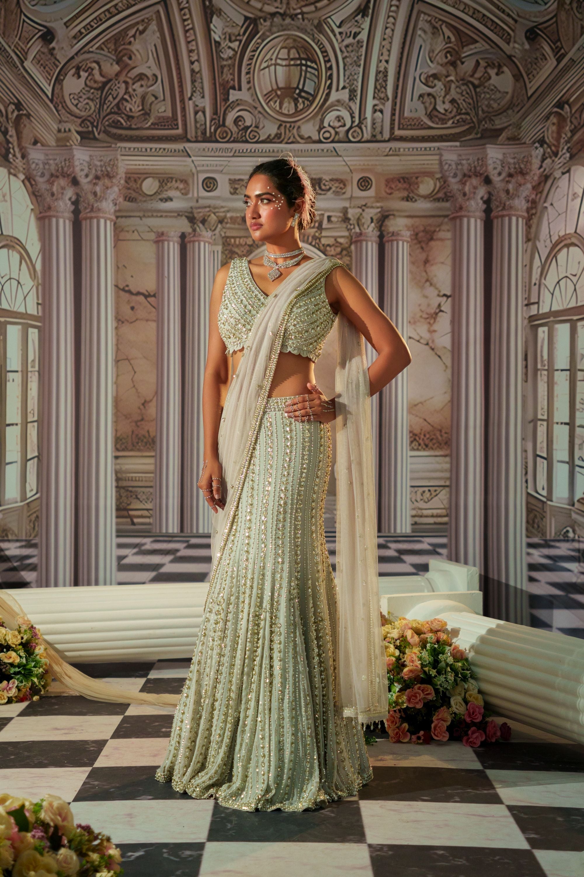 CELESTIAL SILVER LEHENGA SET