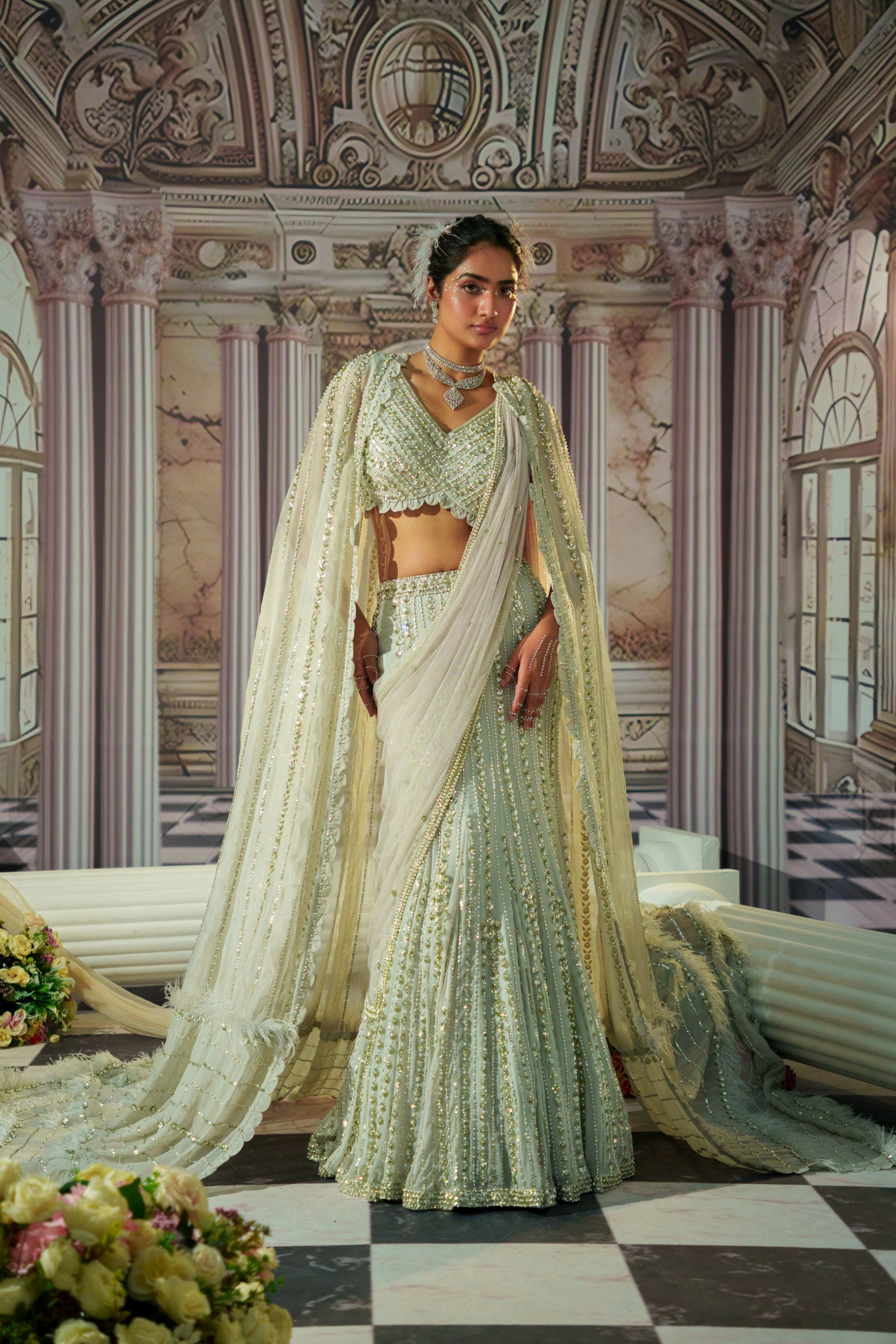 CELESTIAL SILVER LEHENGA SET WITH VEIL