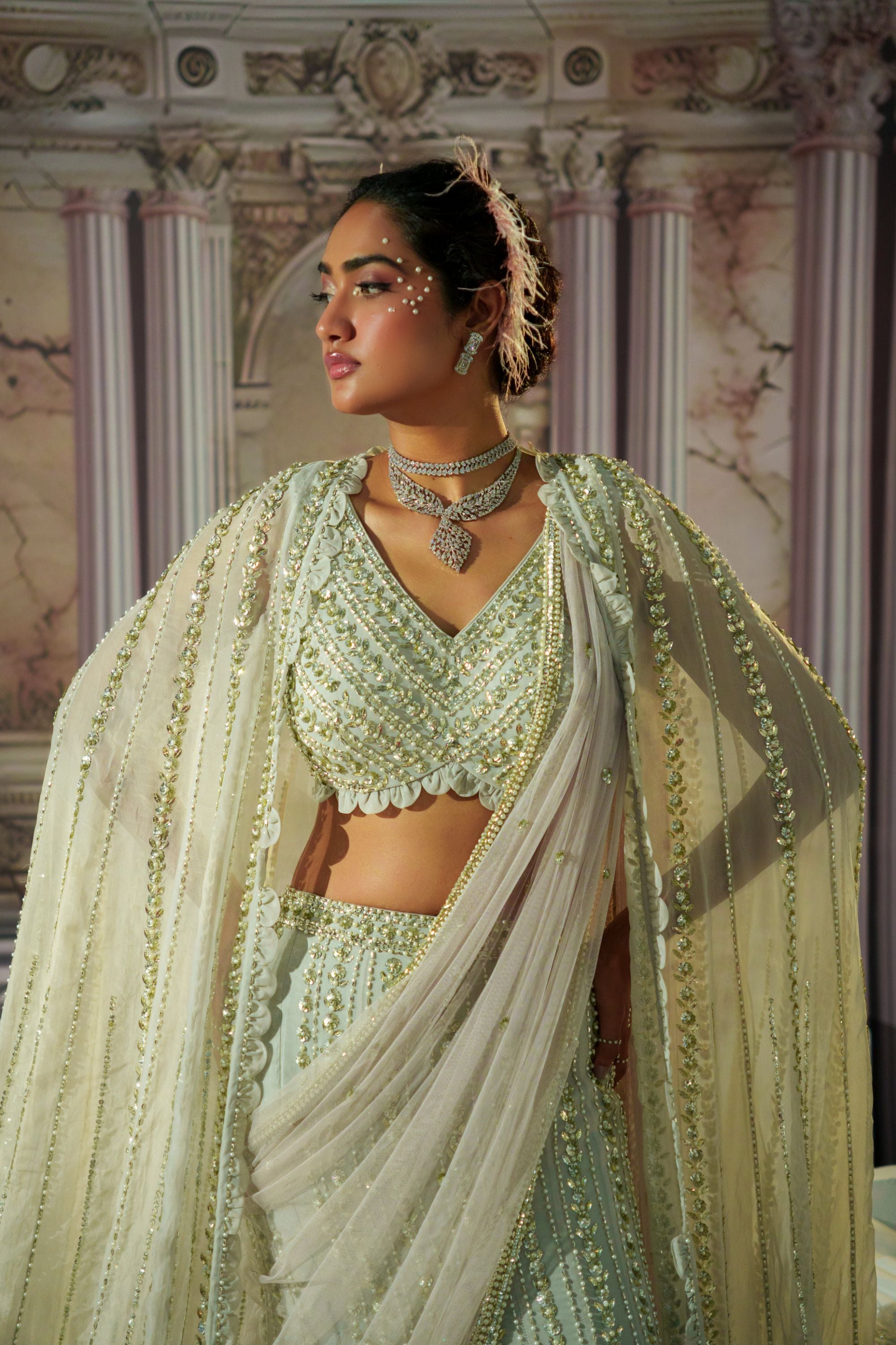 CELESTIAL SILVER LEHENGA SET WITH VEIL