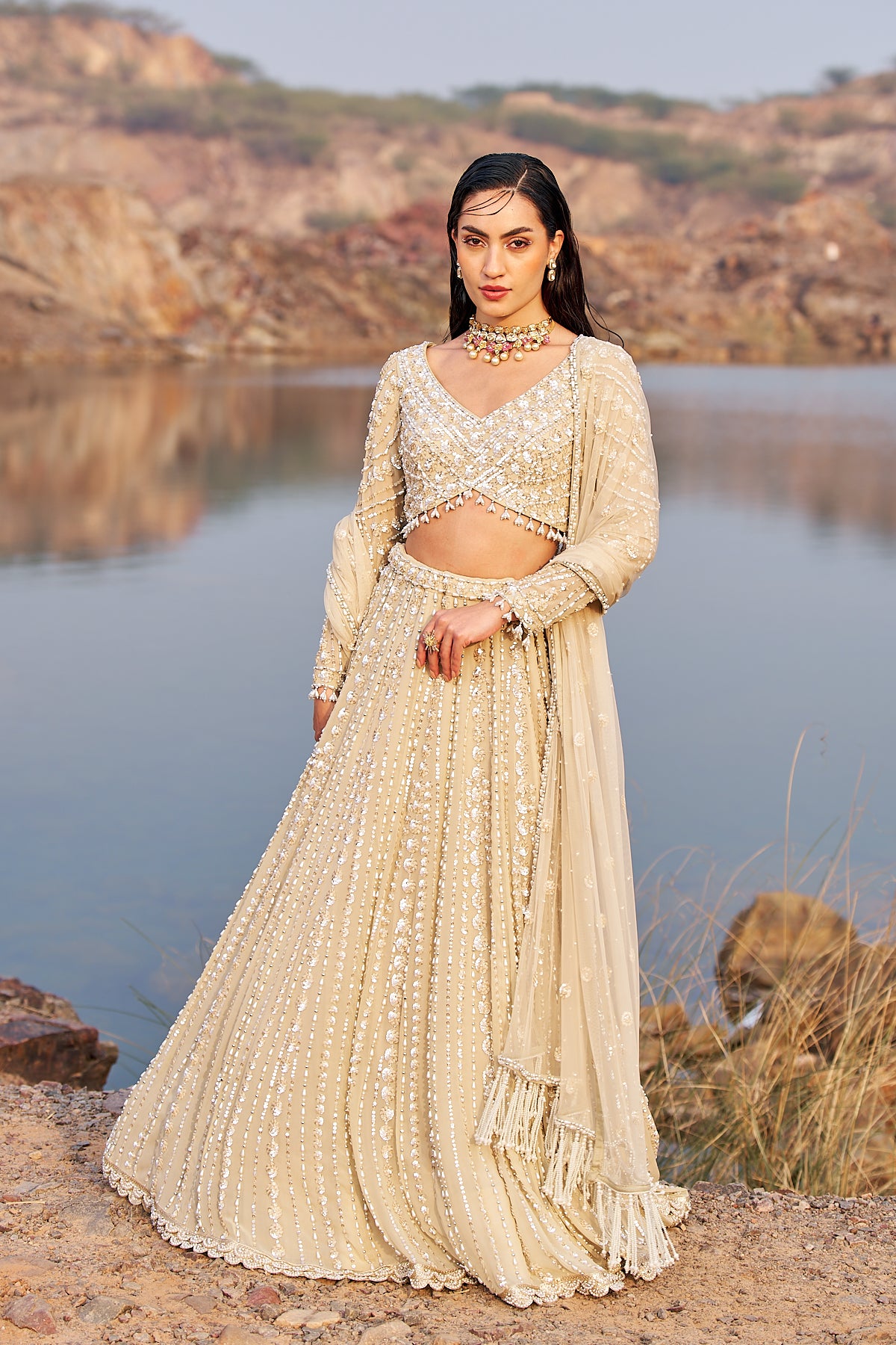 Crepe Sequins Work Lehenga Choli In Cream Colour - LD4900830