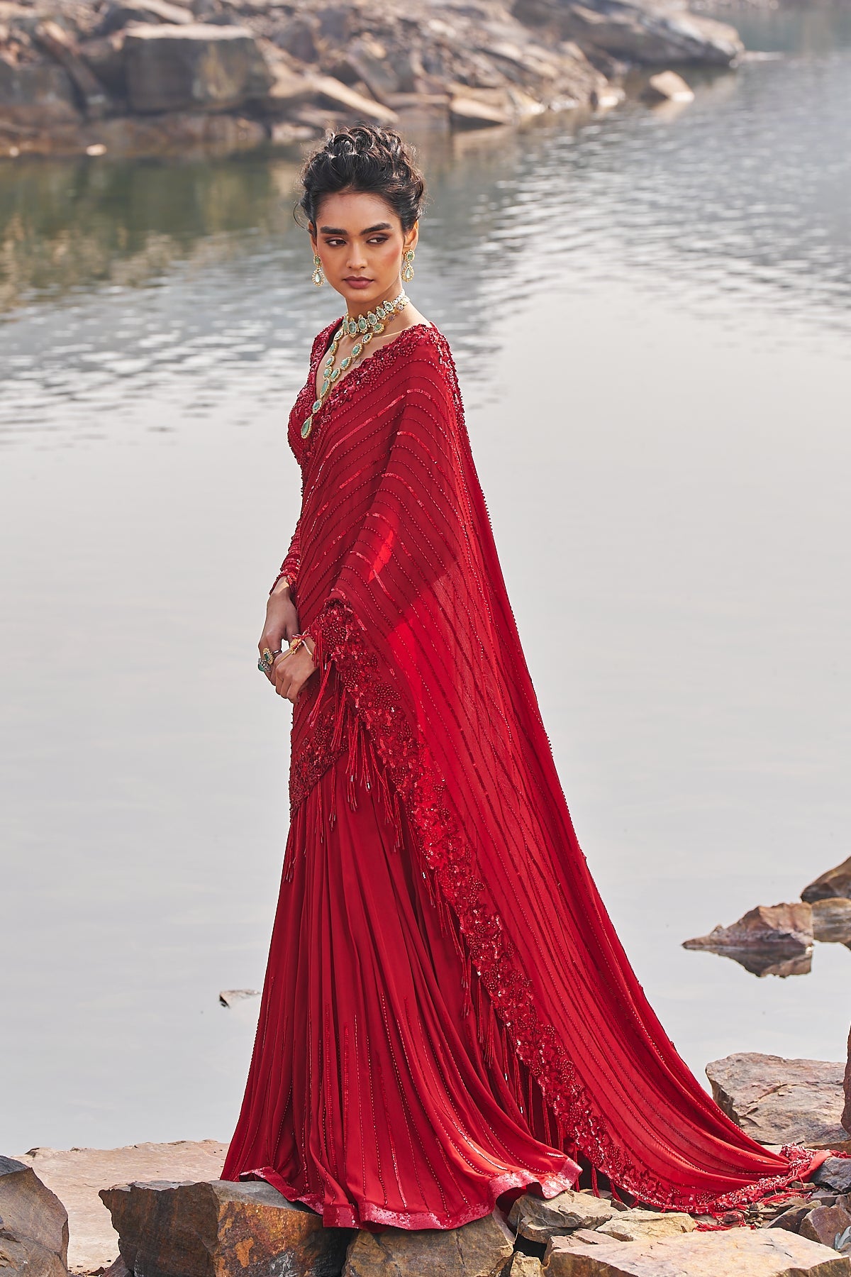 Shop Red Fish Cut Drape Saree Online Nidhika Shekhar