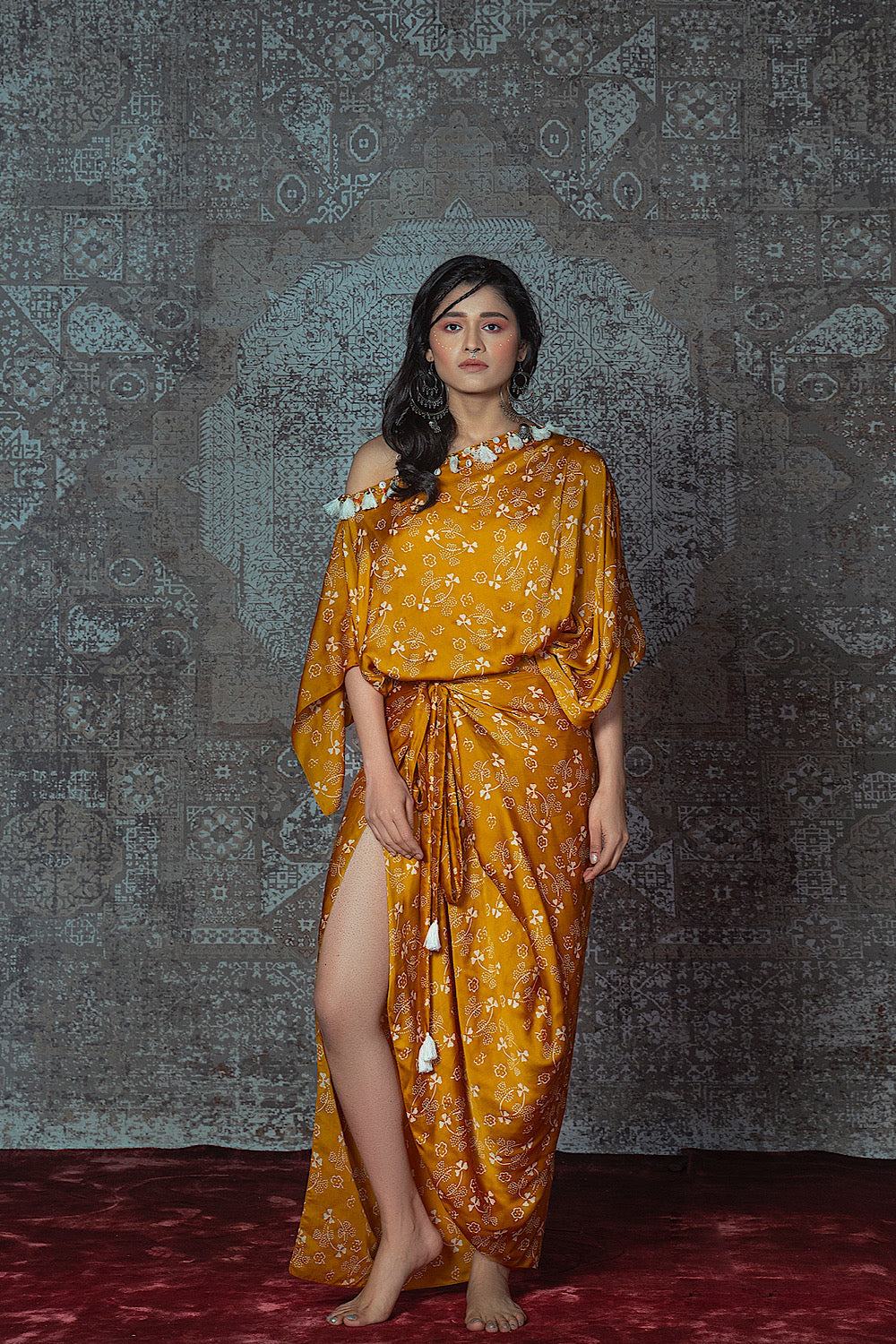 Buy Yellow Printed Off Shoulder Wrap Dress | Nidhika Shekhar