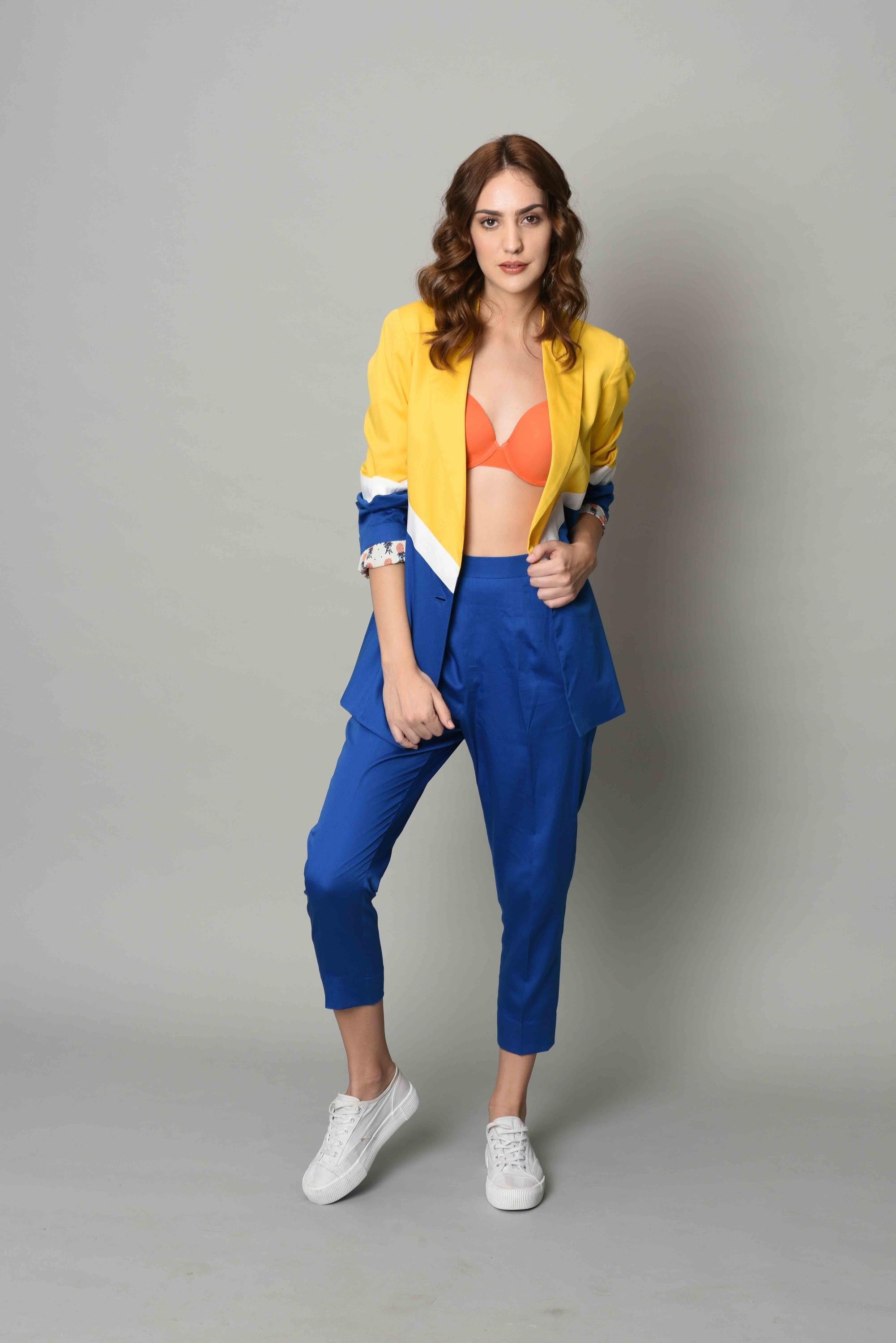 Yellow And Blue Colour Block Blazer Set