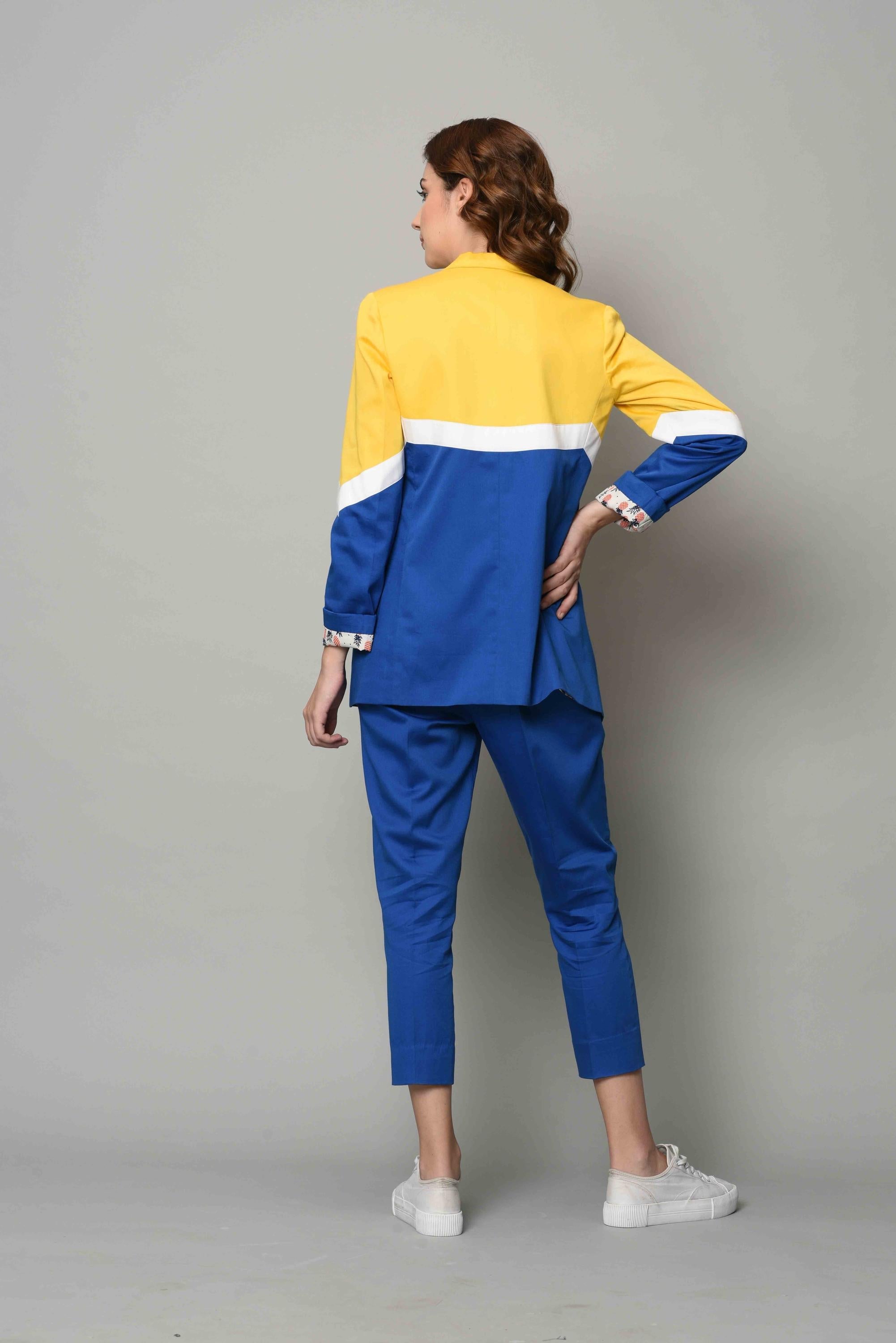 Yellow And Blue Colour Block Blazer Set