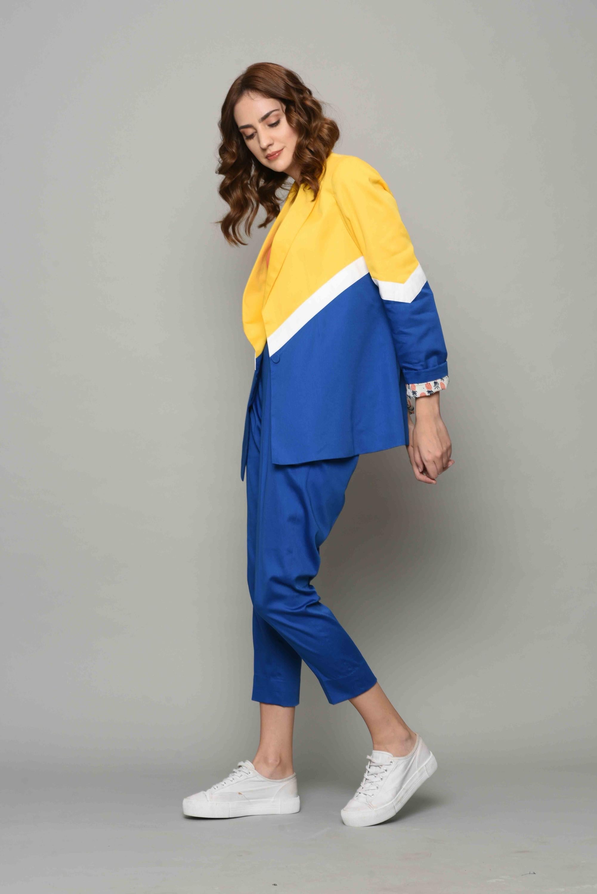 Yellow And Blue Colour Block Blazer Set