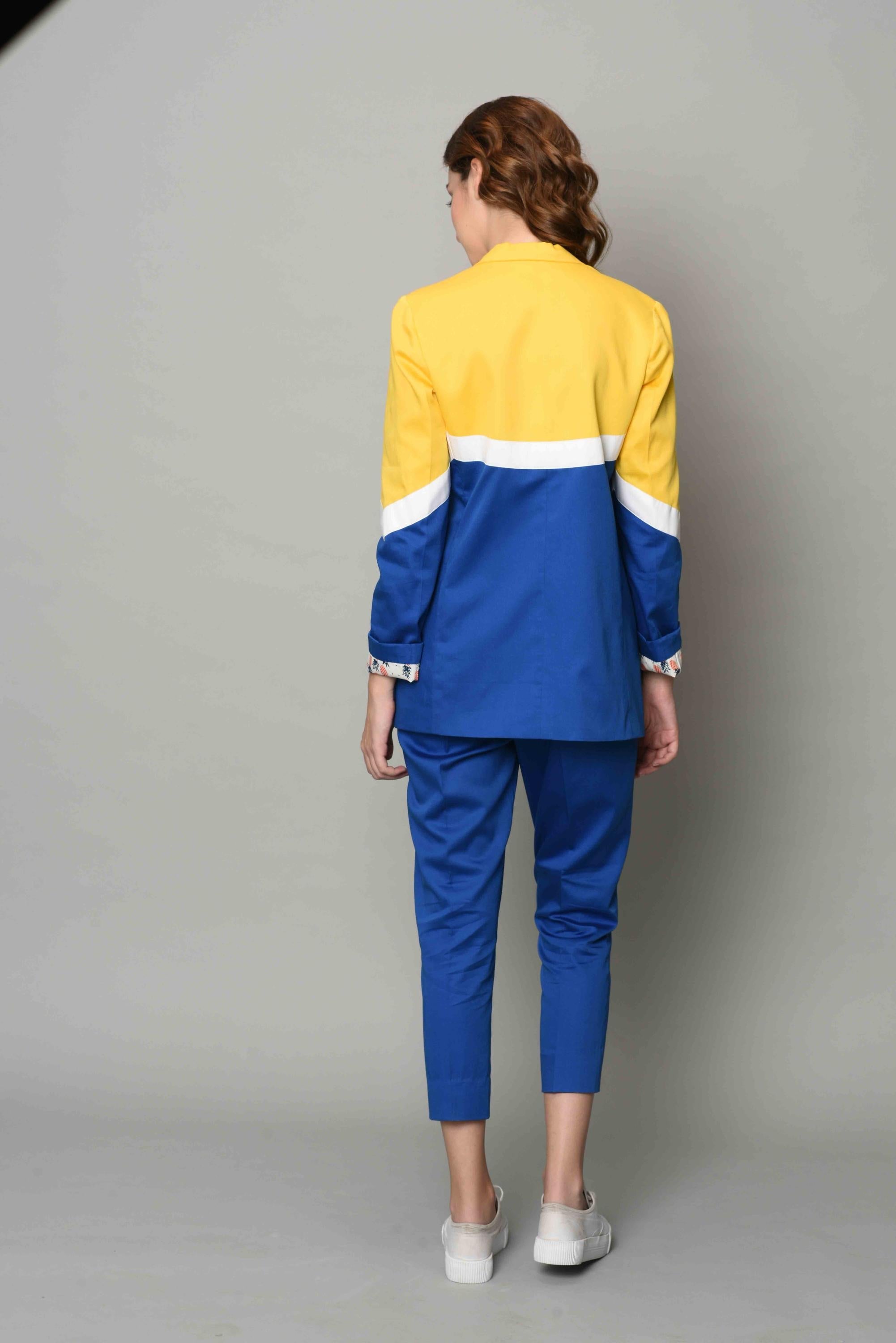 Yellow And Blue Colour Block Blazer Set