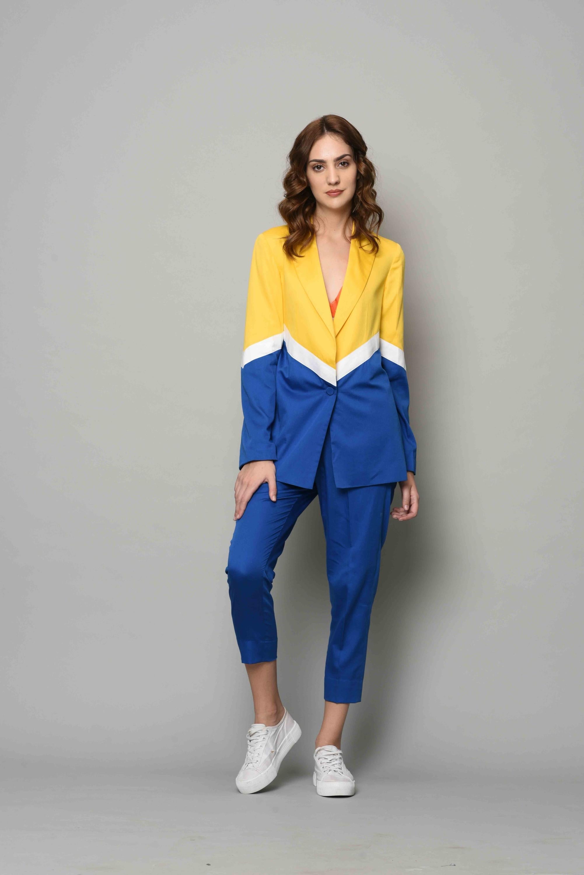 Yellow And Blue Colour Block Blazer Set