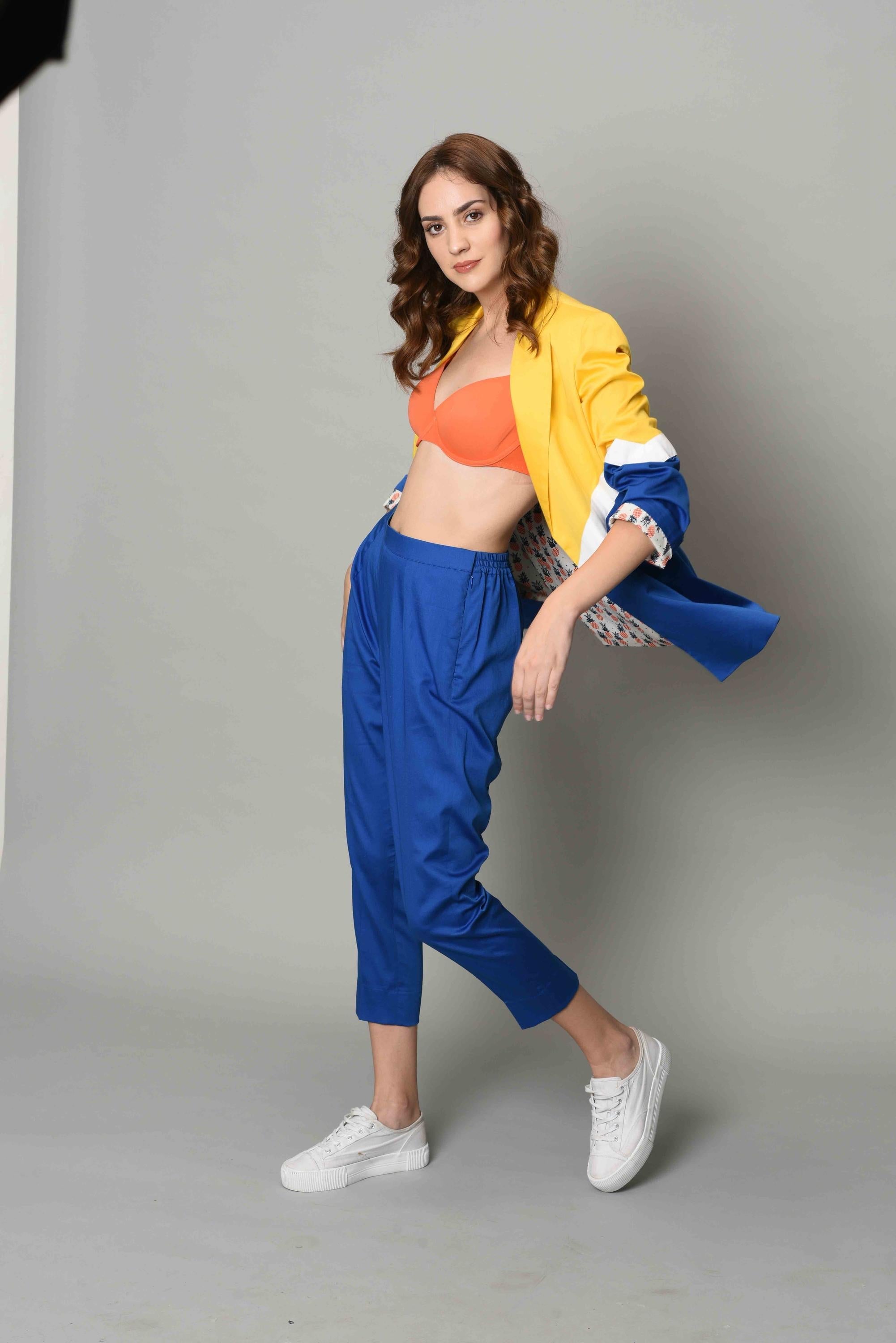 Yellow And Blue Colour Block Blazer Set