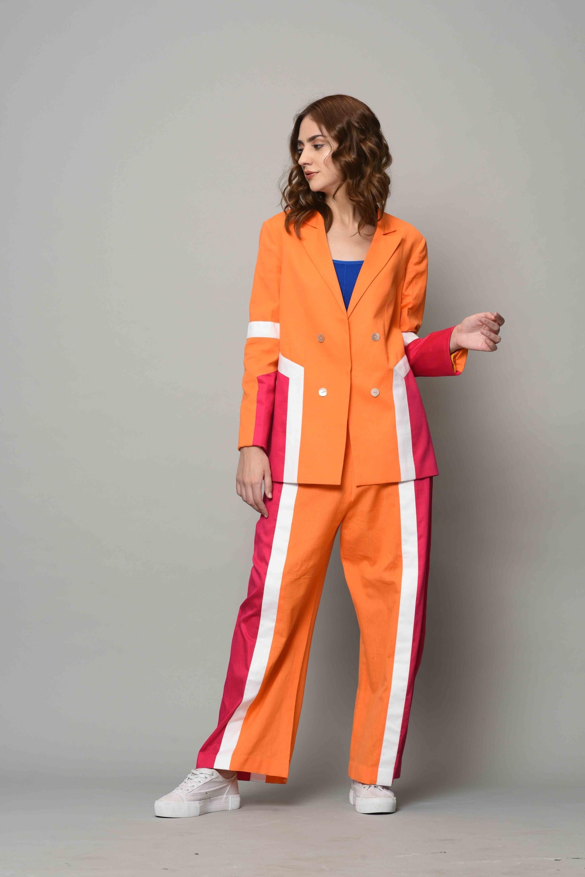 Designer Orange-Pink Color-Block Blazer Set | Nidhika Shekhar