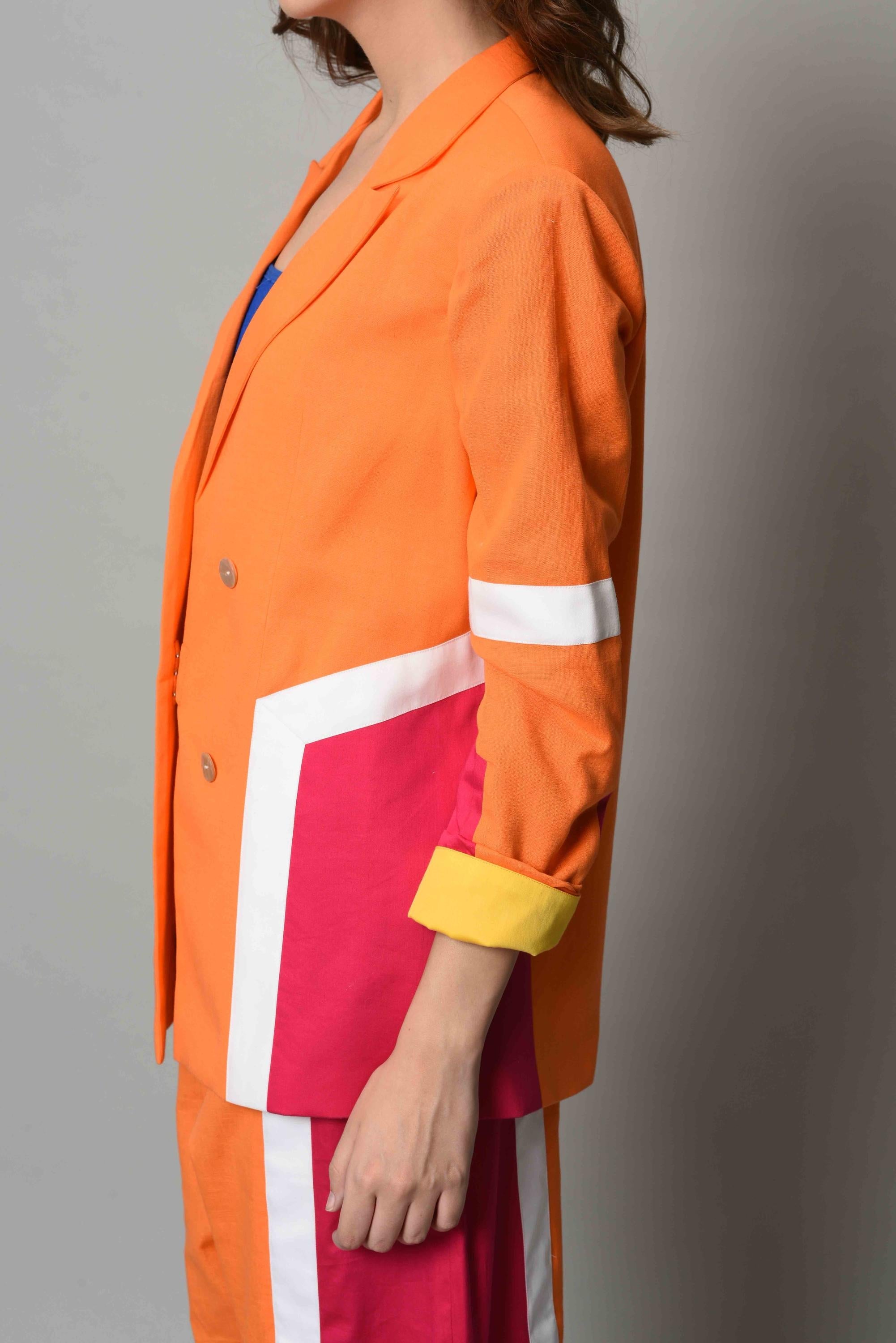 Designer Orange-Pink Color-Block Blazer Set | Nidhika Shekhar