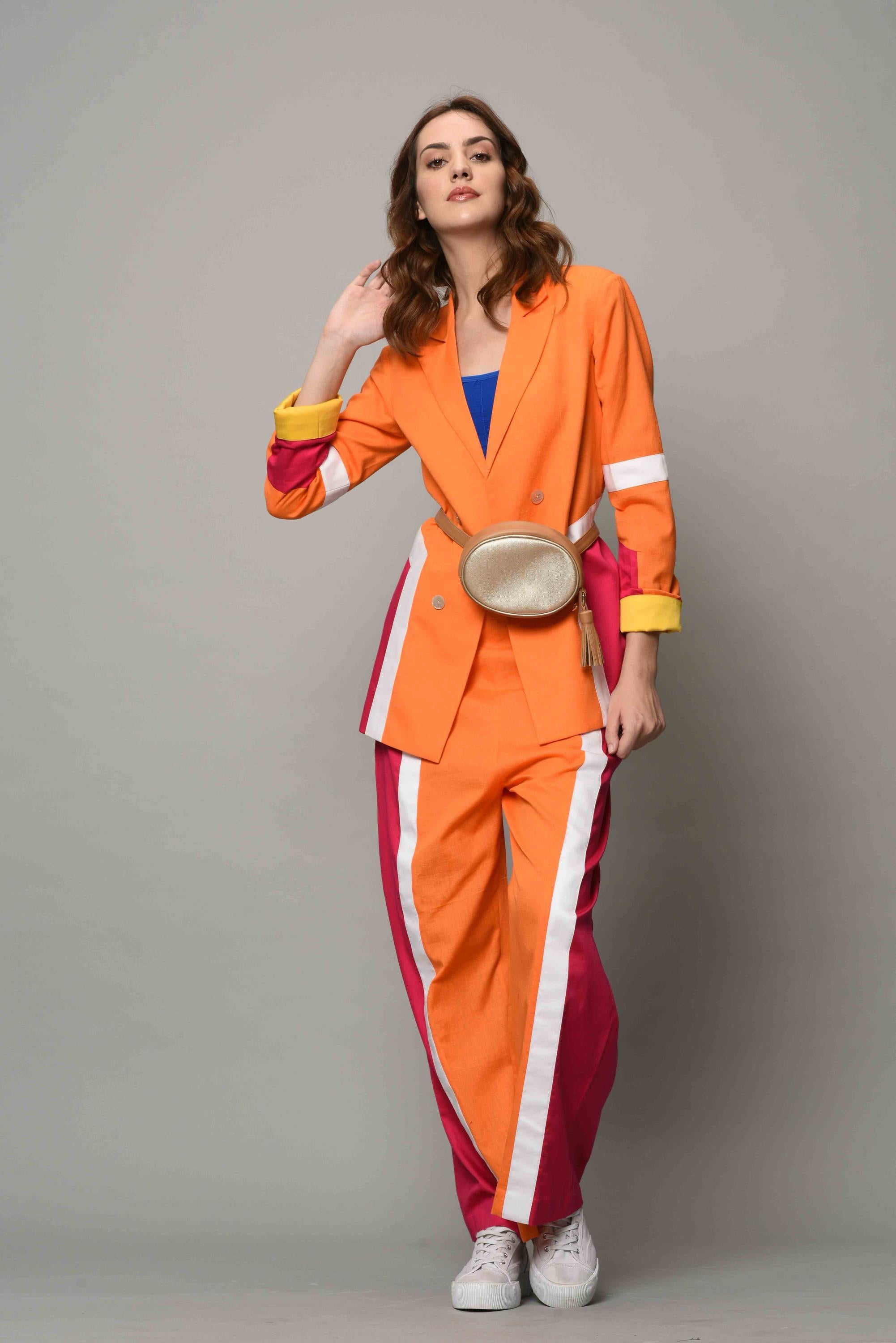 Designer Orange-Pink Color-Block Blazer Set | Nidhika Shekhar