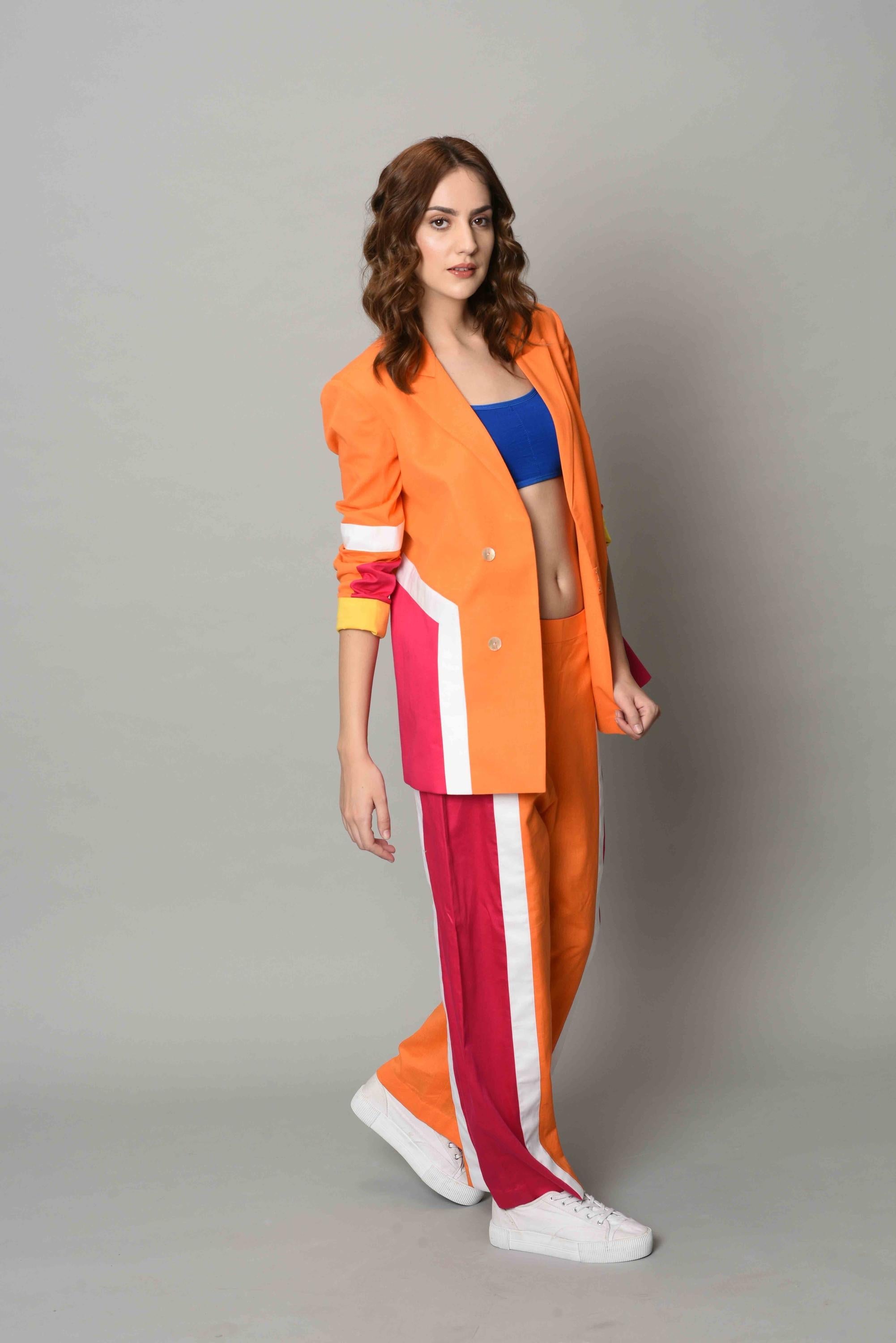 Designer Orange-Pink Color-Block Blazer Set | Nidhika Shekhar