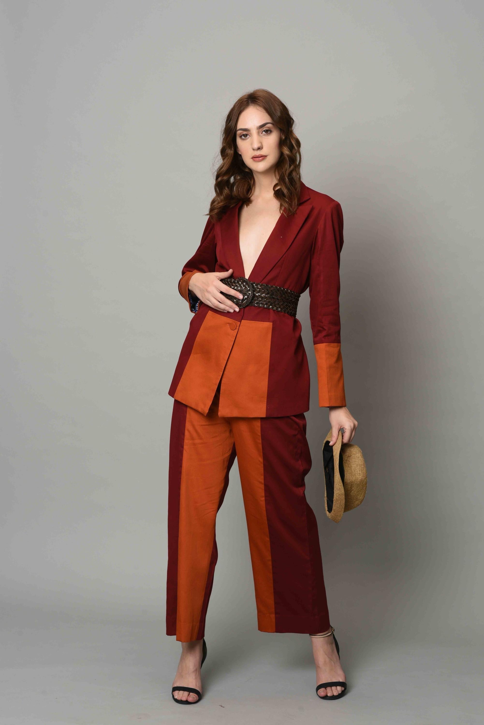 Maroon And Rust Colour Block Blazer Set