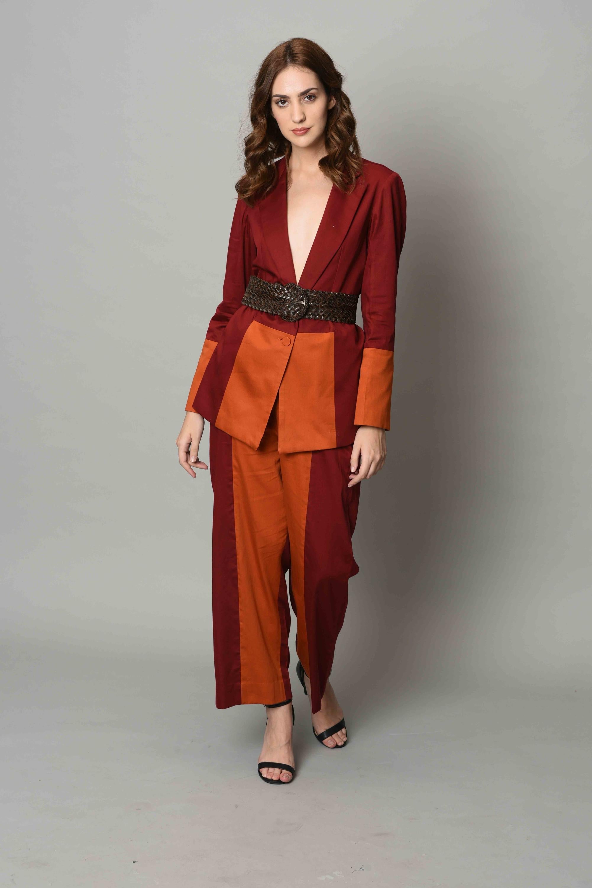 Buy Maroon And Rust Color-block Blazer Set | Nidhika Shekhar