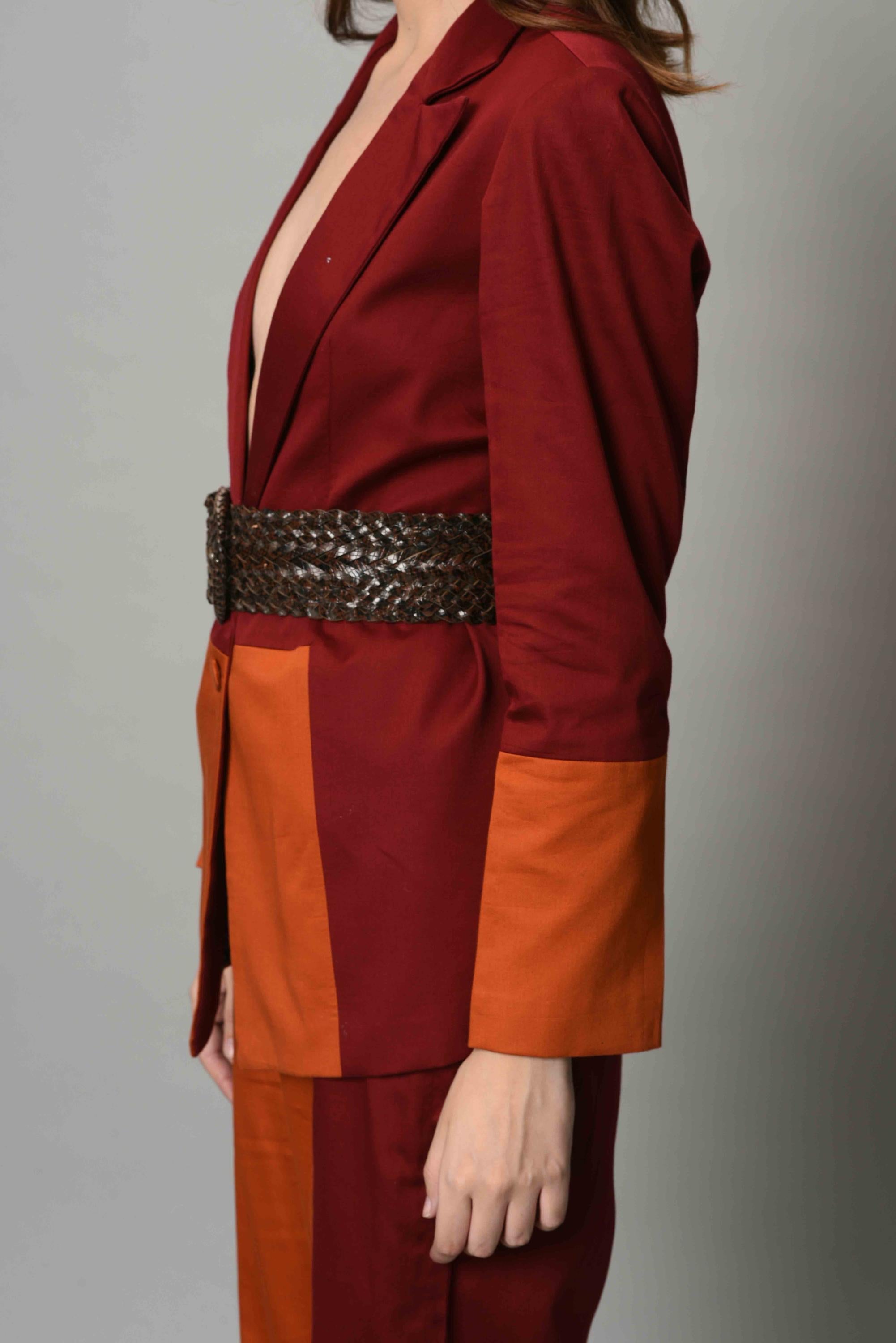 Buy Maroon And Rust Color-block Blazer Set | Nidhika Shekhar