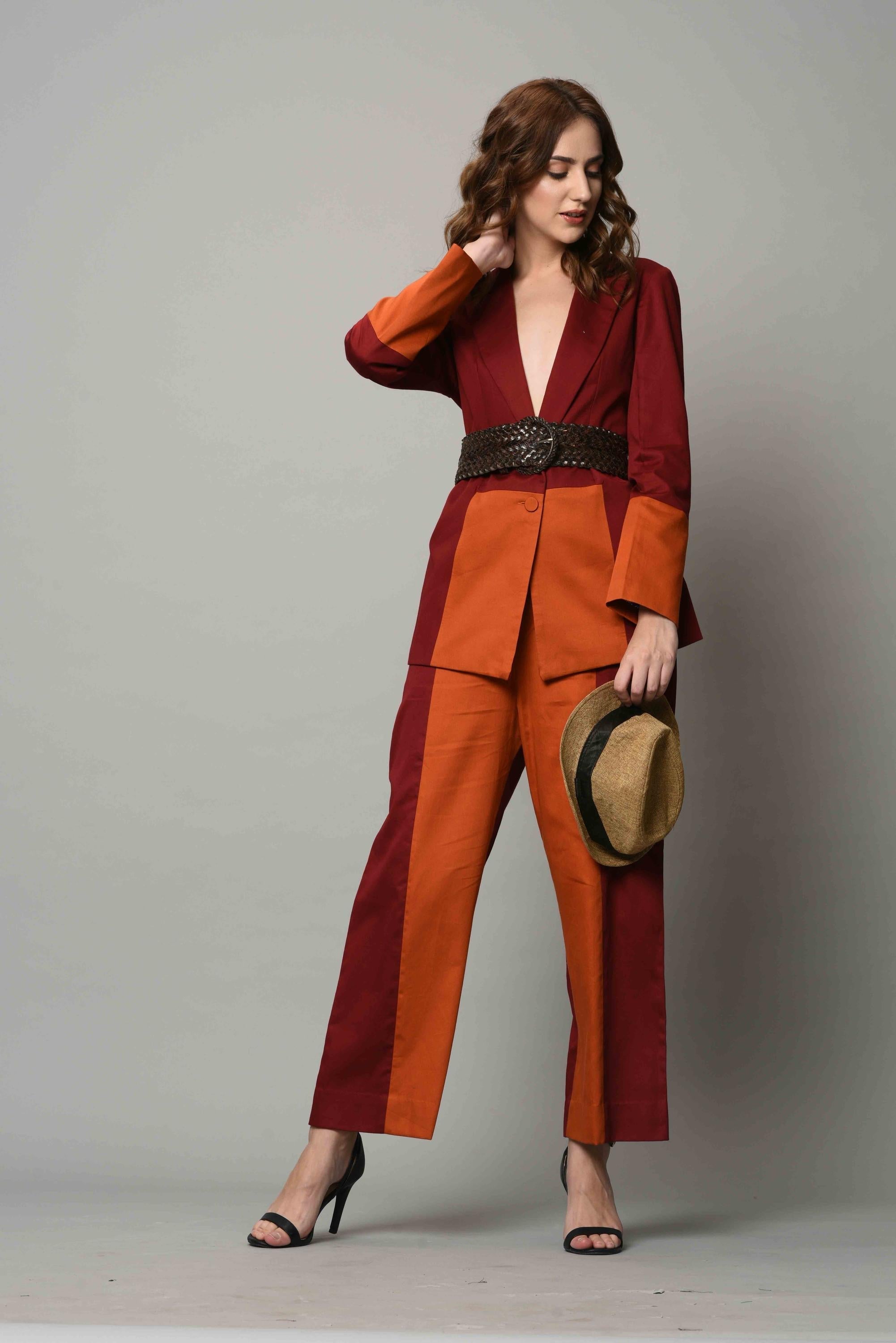 Maroon And Rust Colour Block Blazer Set