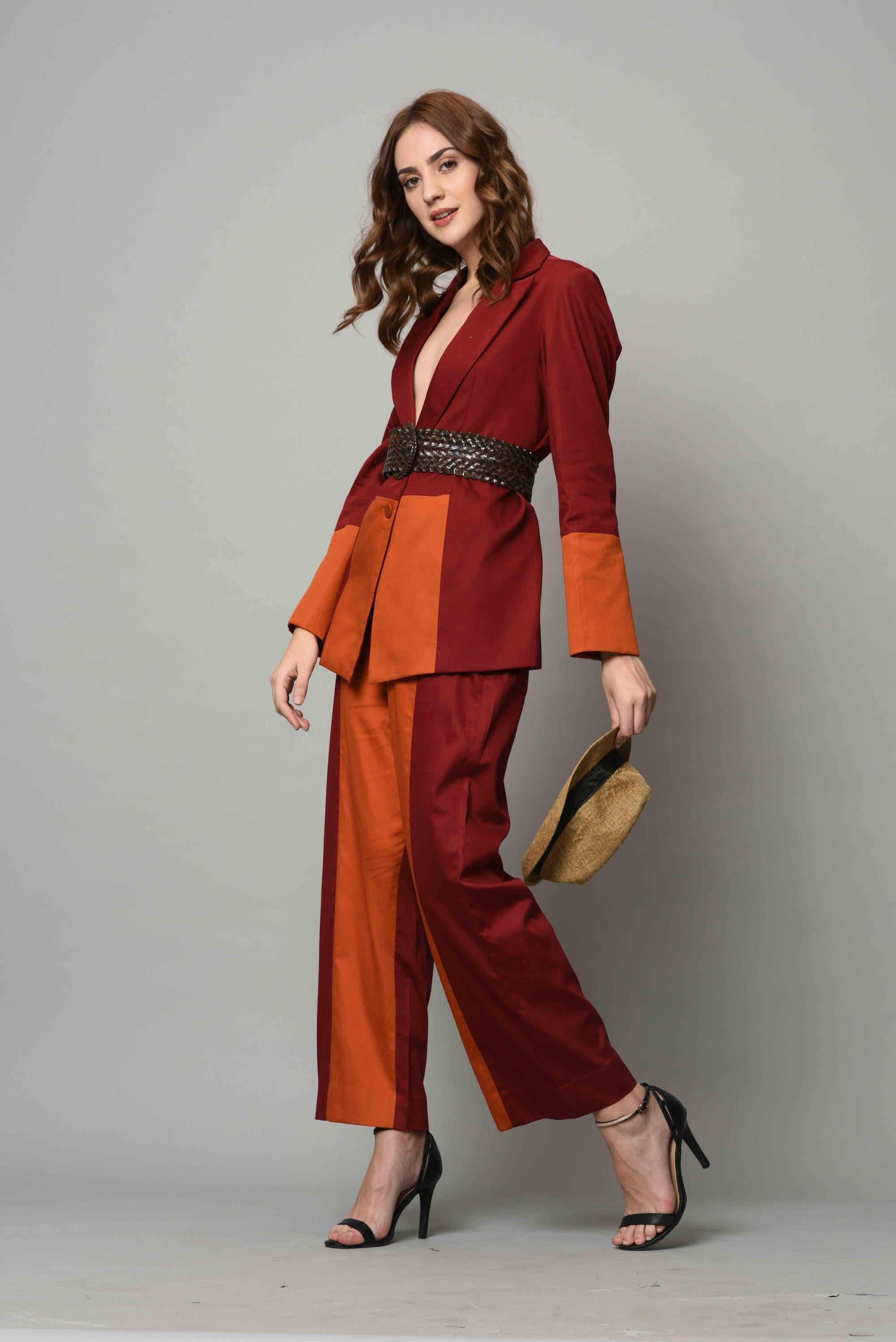 Buy Maroon And Rust Color-block Blazer Set | Nidhika Shekhar