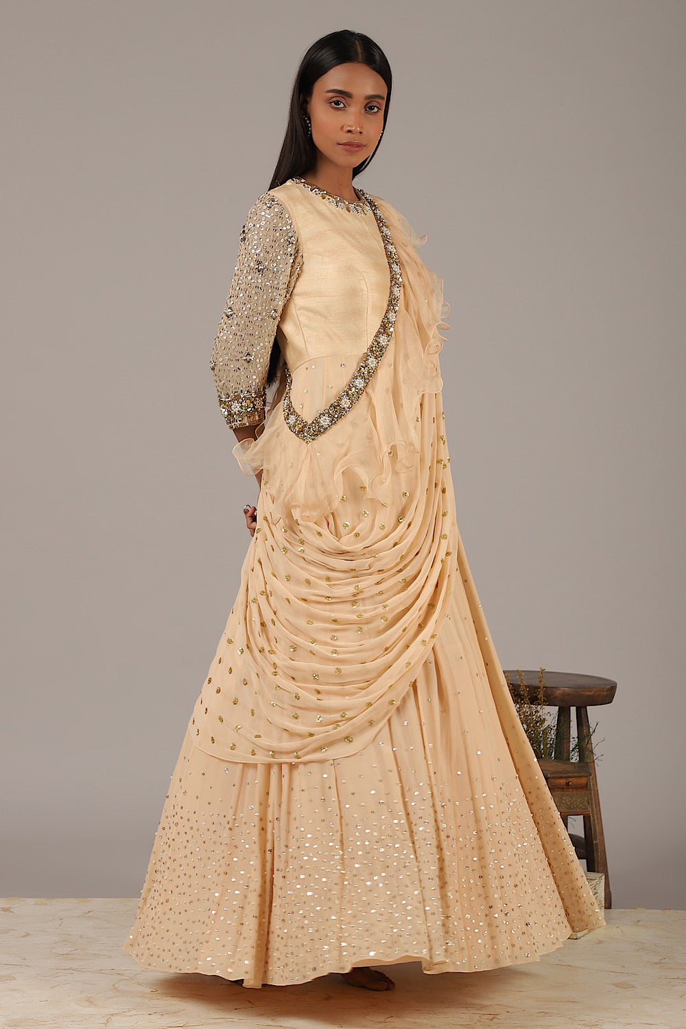 Buy Women's Beigish Peach Saree Gown | Nidhika Shekhar