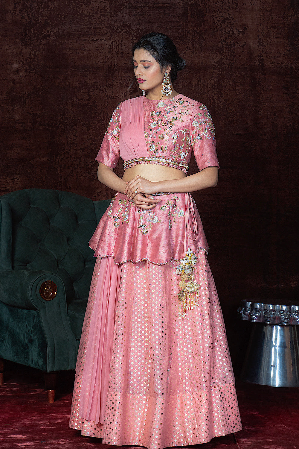 Salmon Pink Embroidered Peplum Lehenga Set | Nidhika Shekhar