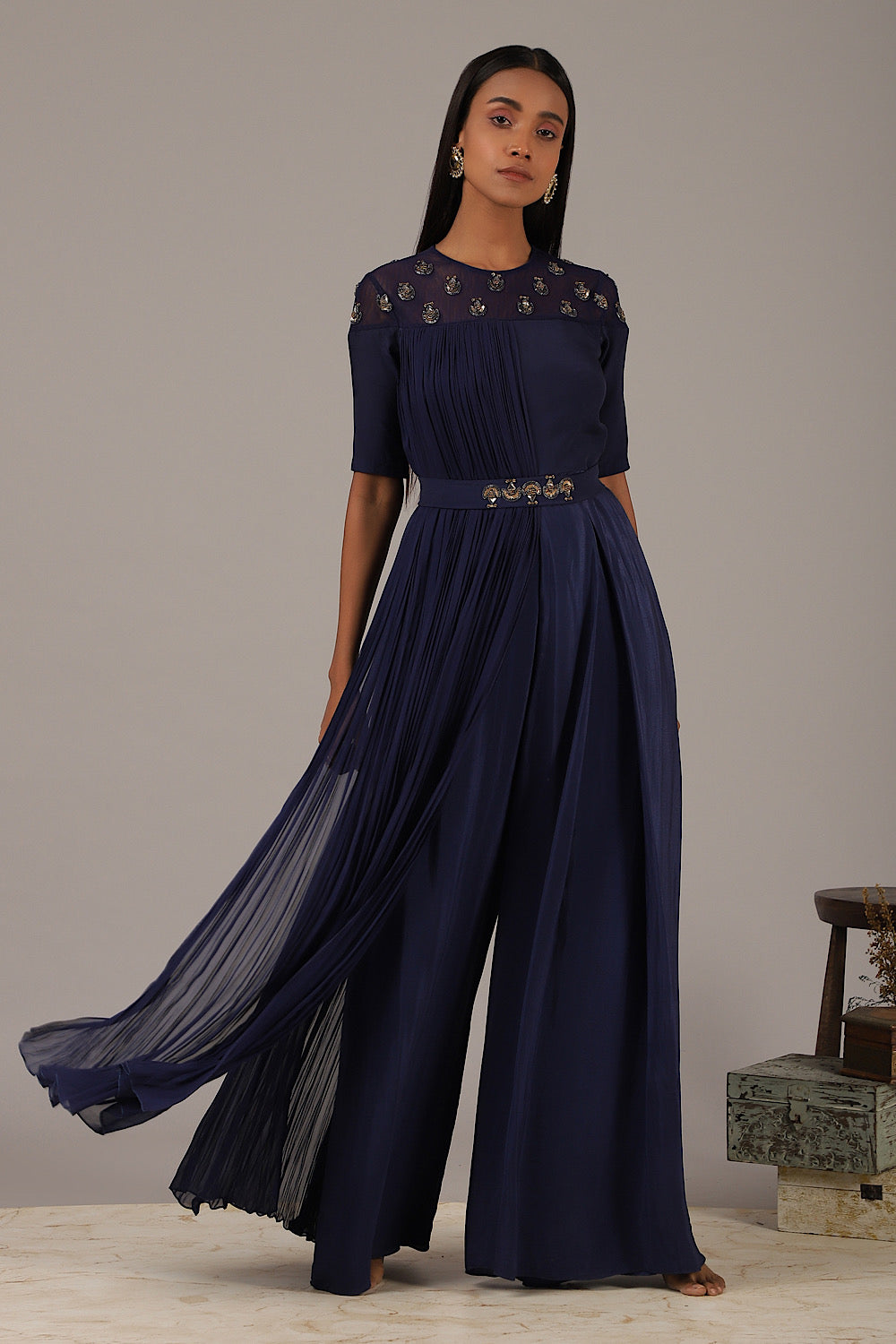 Buy Women's Blue Crinkle Pannel Jumpsuit | Nidhika Shekhar