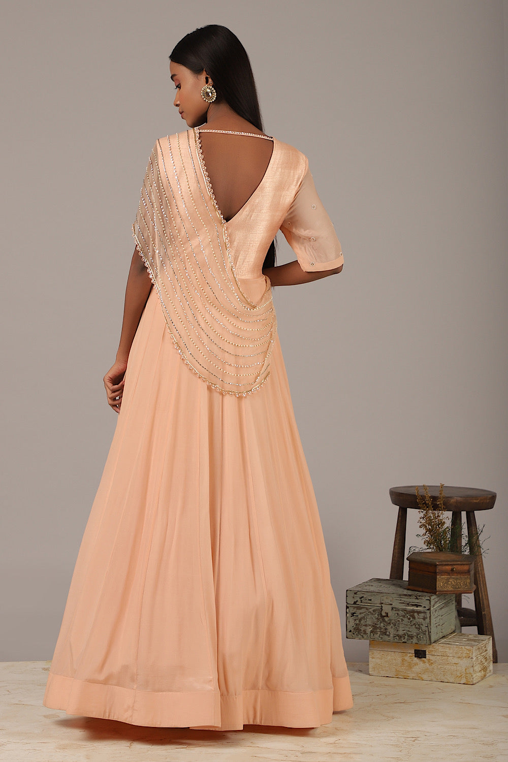 Women's Designer Peach Pankhi Organza Gown | Nidhika Shekhar