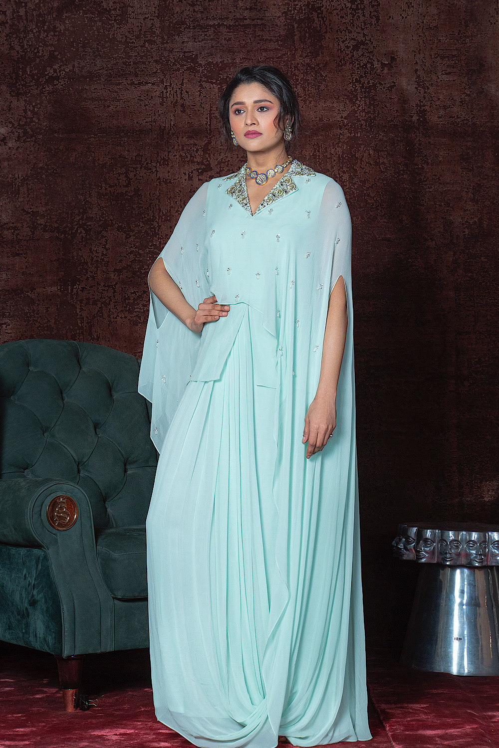 Buy Women's Aqua Indo-Western Drape Gown | Nidhika Shekhar