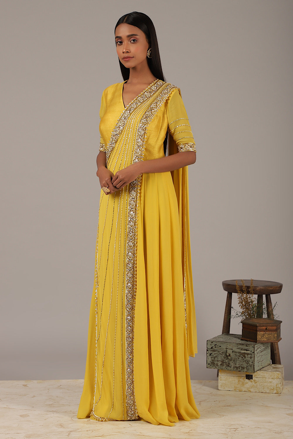 Shop Pankhi - Yellow Drape Anarkali Set | Nidhika Shekhar