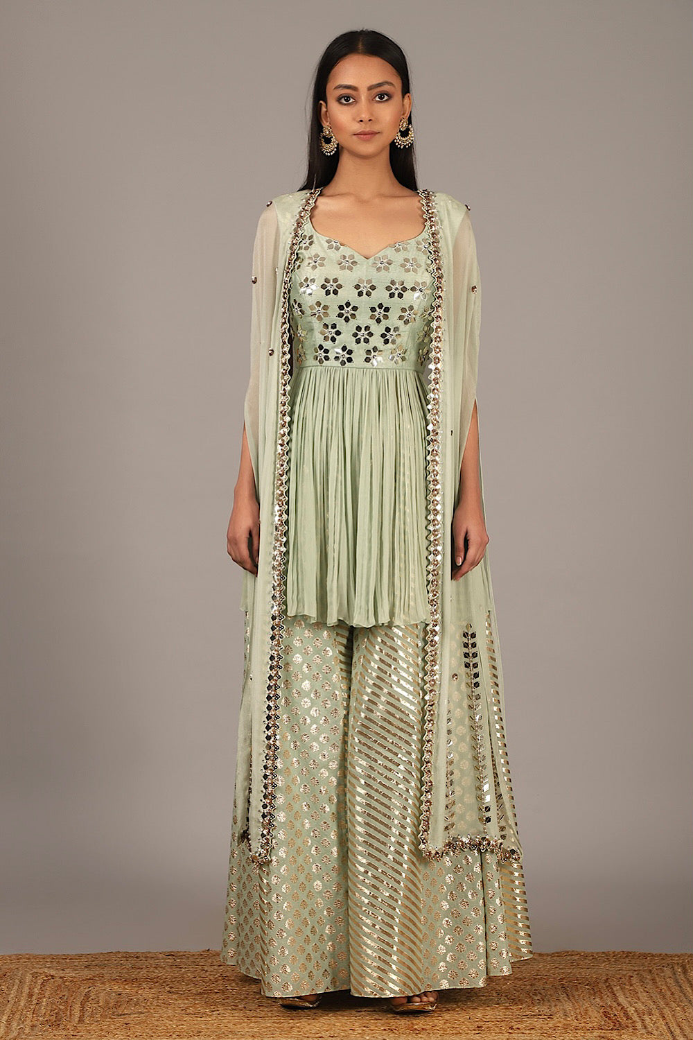 Buy Designer Muted Green Cape Sharara Set | Nidhika Shekhar