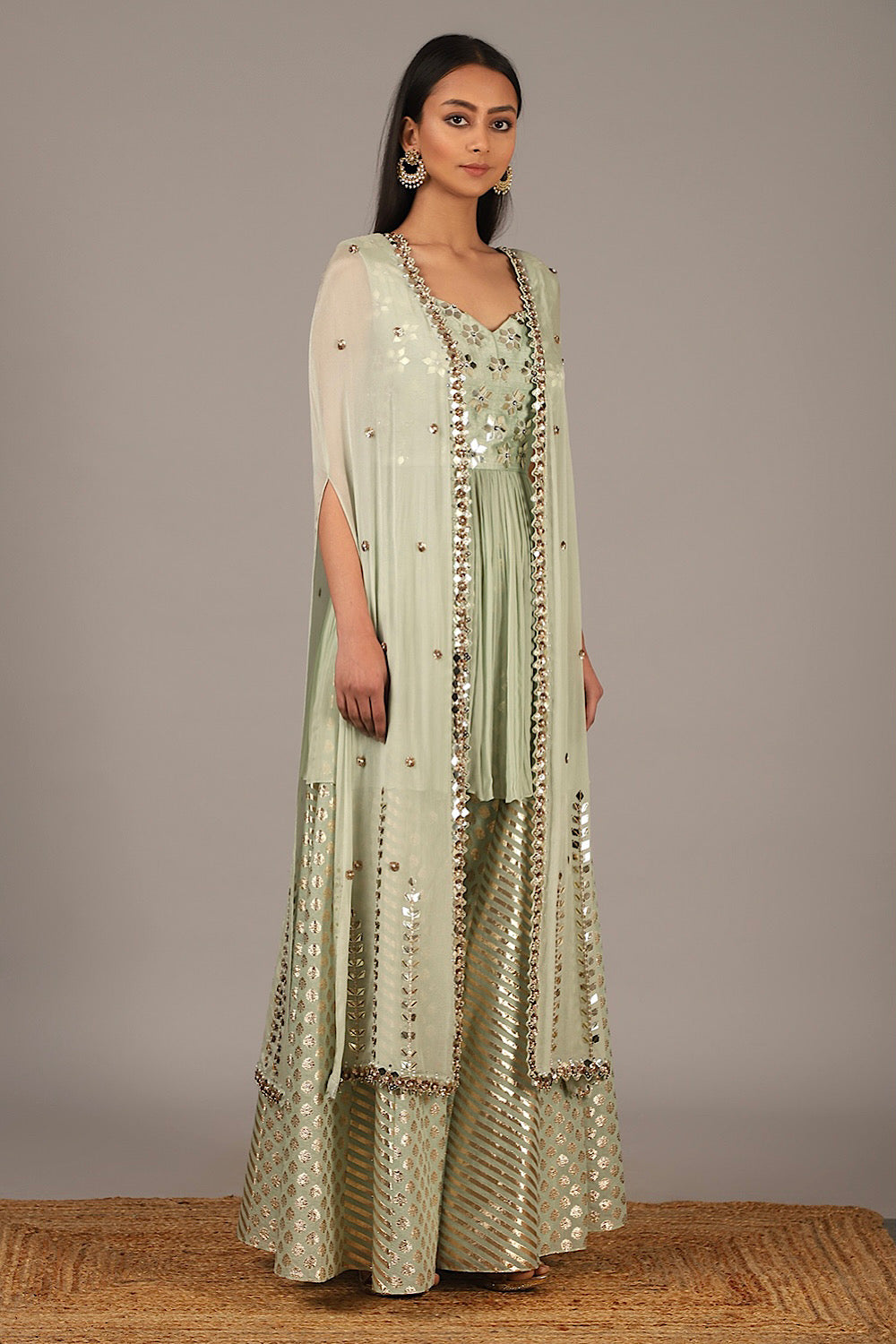 Buy Designer Muted Green Cape Sharara Set | Nidhika Shekhar