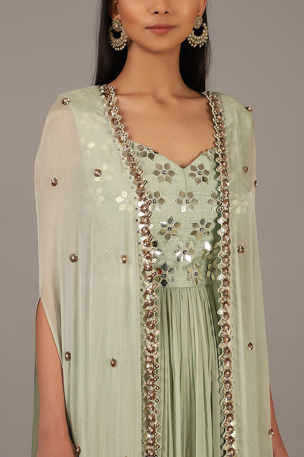 Buy Designer Muted Green Cape Sharara Set | Nidhika Shekhar