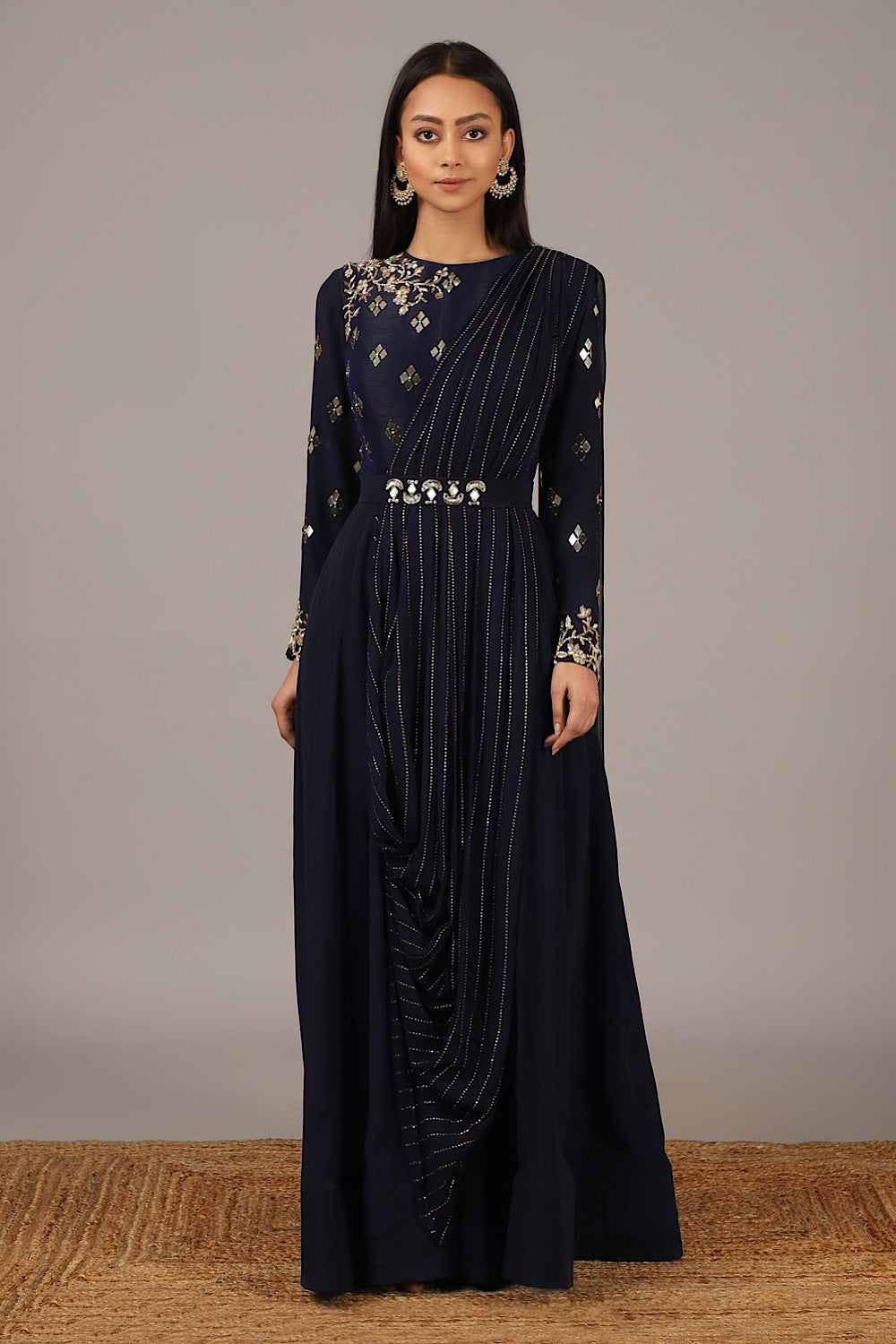 Women's Navy Blue Embroidered Indo-Gown | Nidhika Shekhar