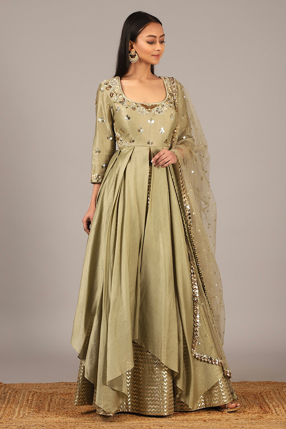 Muted Green Chanderi Drape Lehenga Set | Nidhika Shekhar