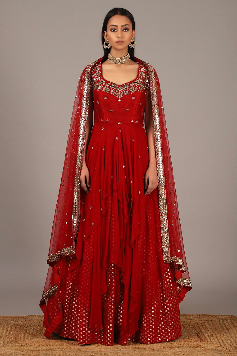 Buy Red Double Layer Drape Lehenga Set | Nidhika Shekhar