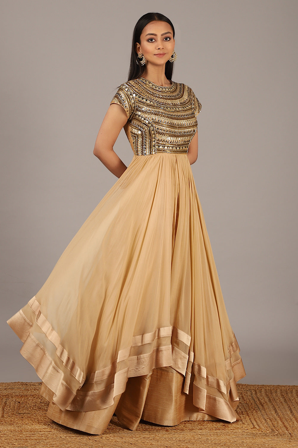 Designer Beige Embroidered Persian Gown | Nidhika Shekhar