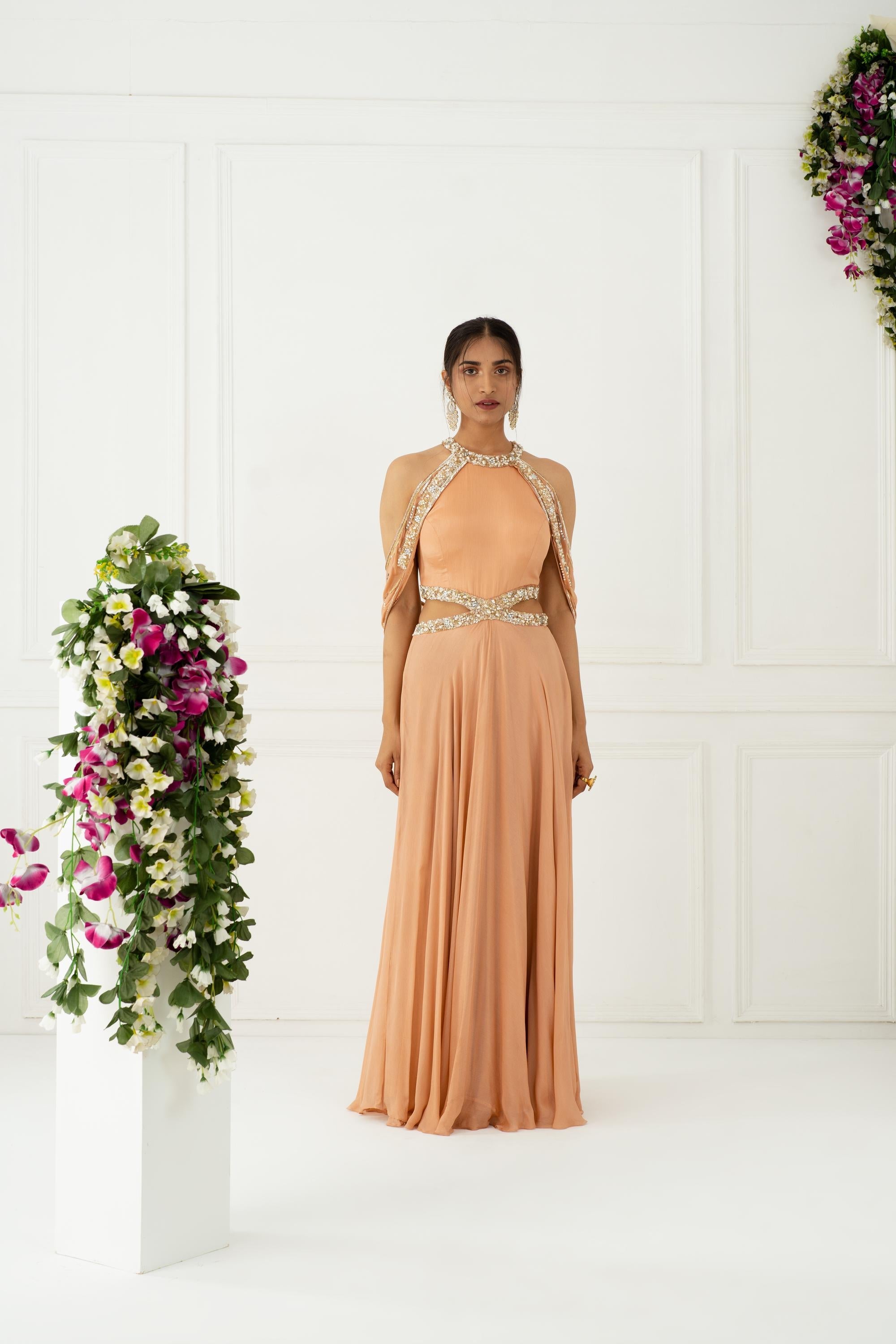 Buy Blush Pink Cold-Shoulder Drape Gown | Nidhika Shekhar