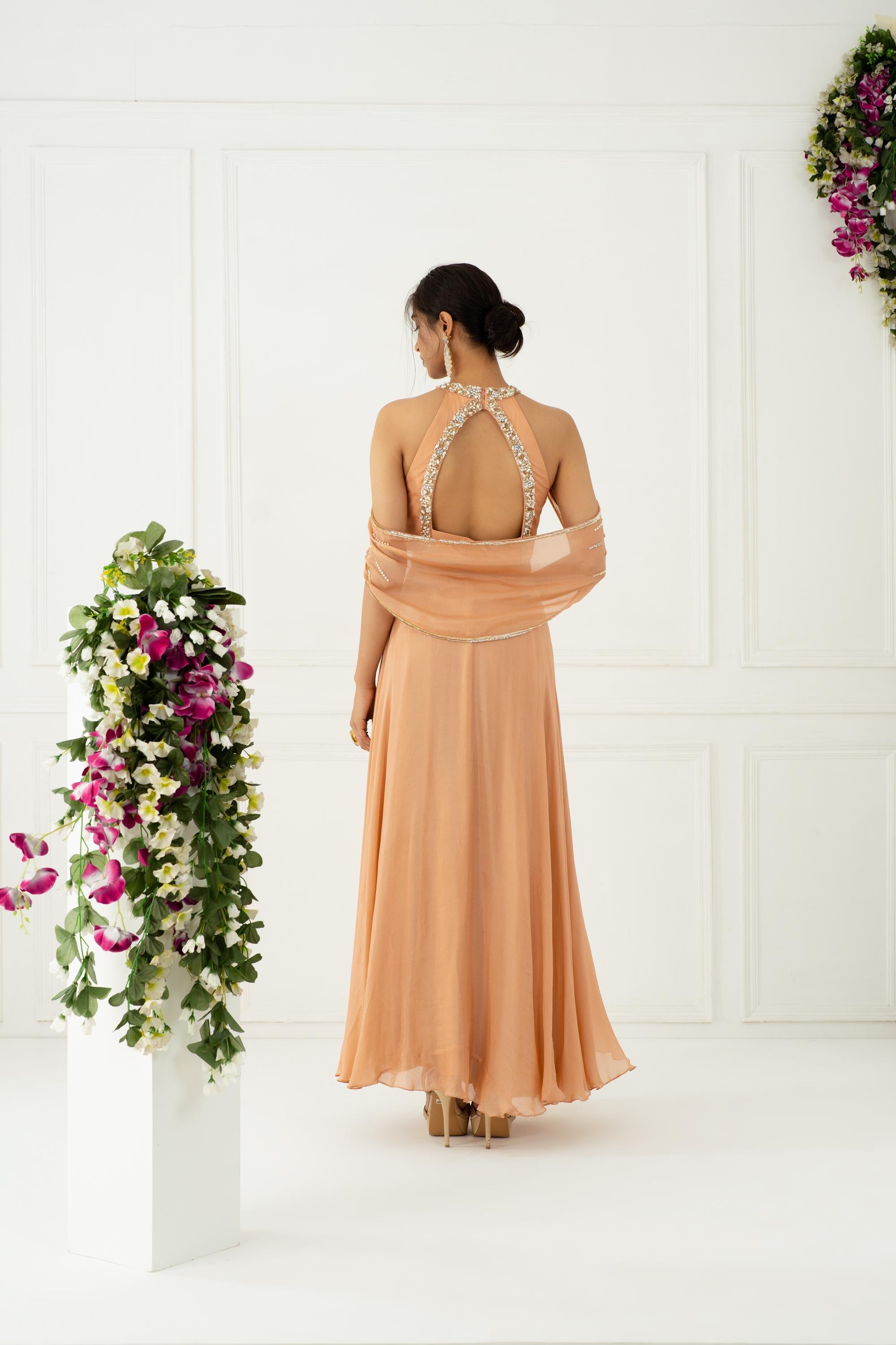 Buy Blush Pink Cold-Shoulder Drape Gown | Nidhika Shekhar