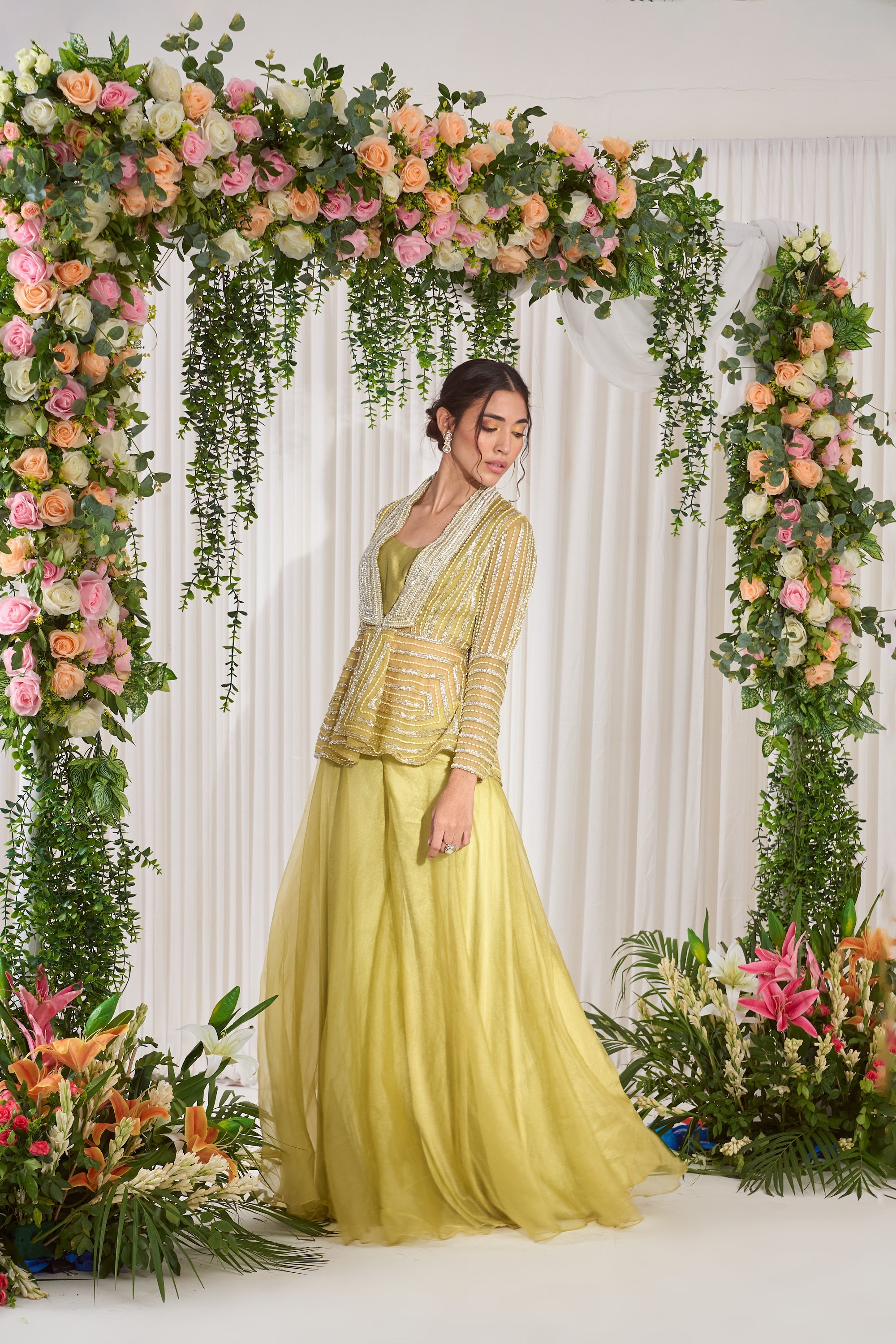 Women's Olive Green Organza Sharara Set | Nidhika Shekhar