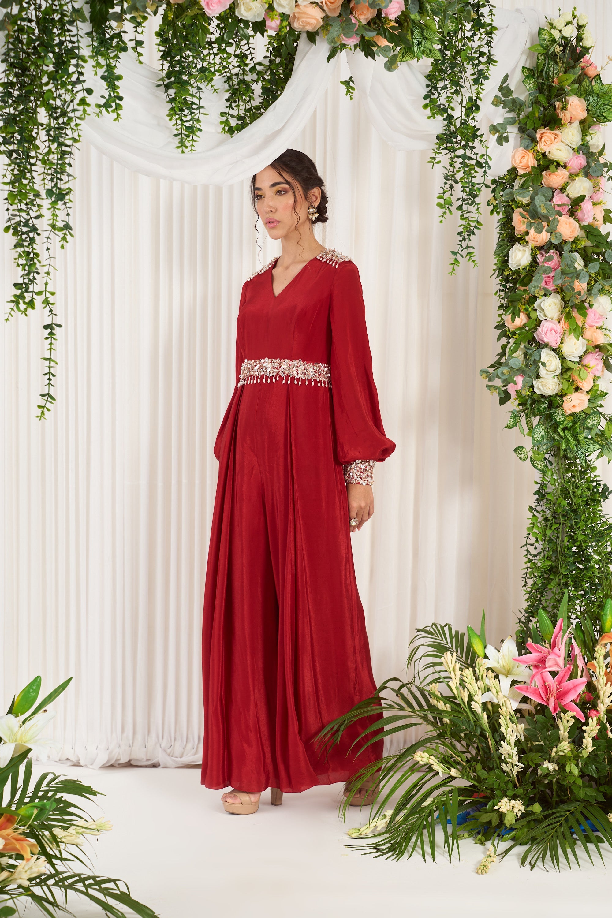 Designer Red Starry Embroidered Jumpsuit