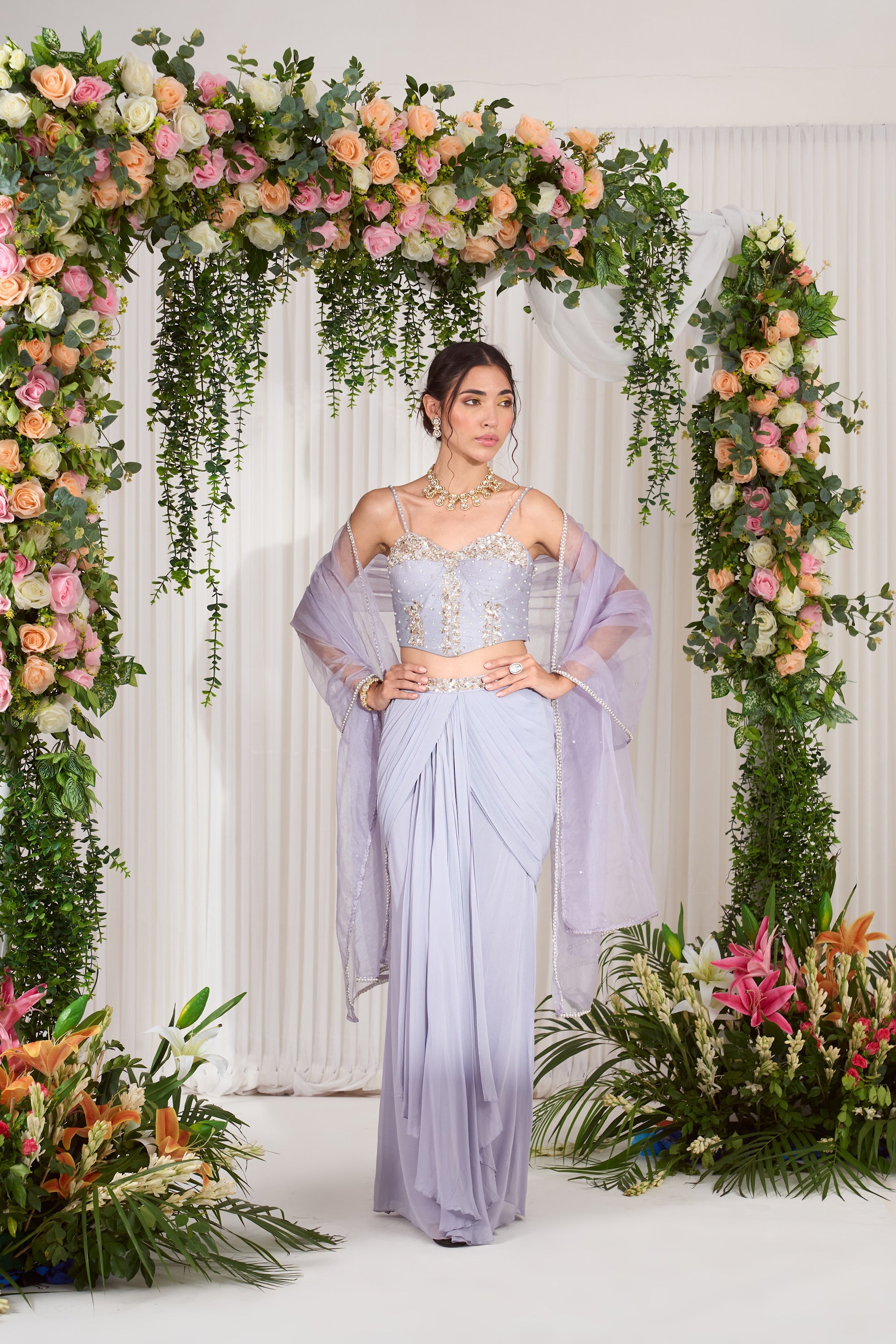 Buy Lilac Apsara Corset And Drape Skirt Set | Nidhika Shekhar