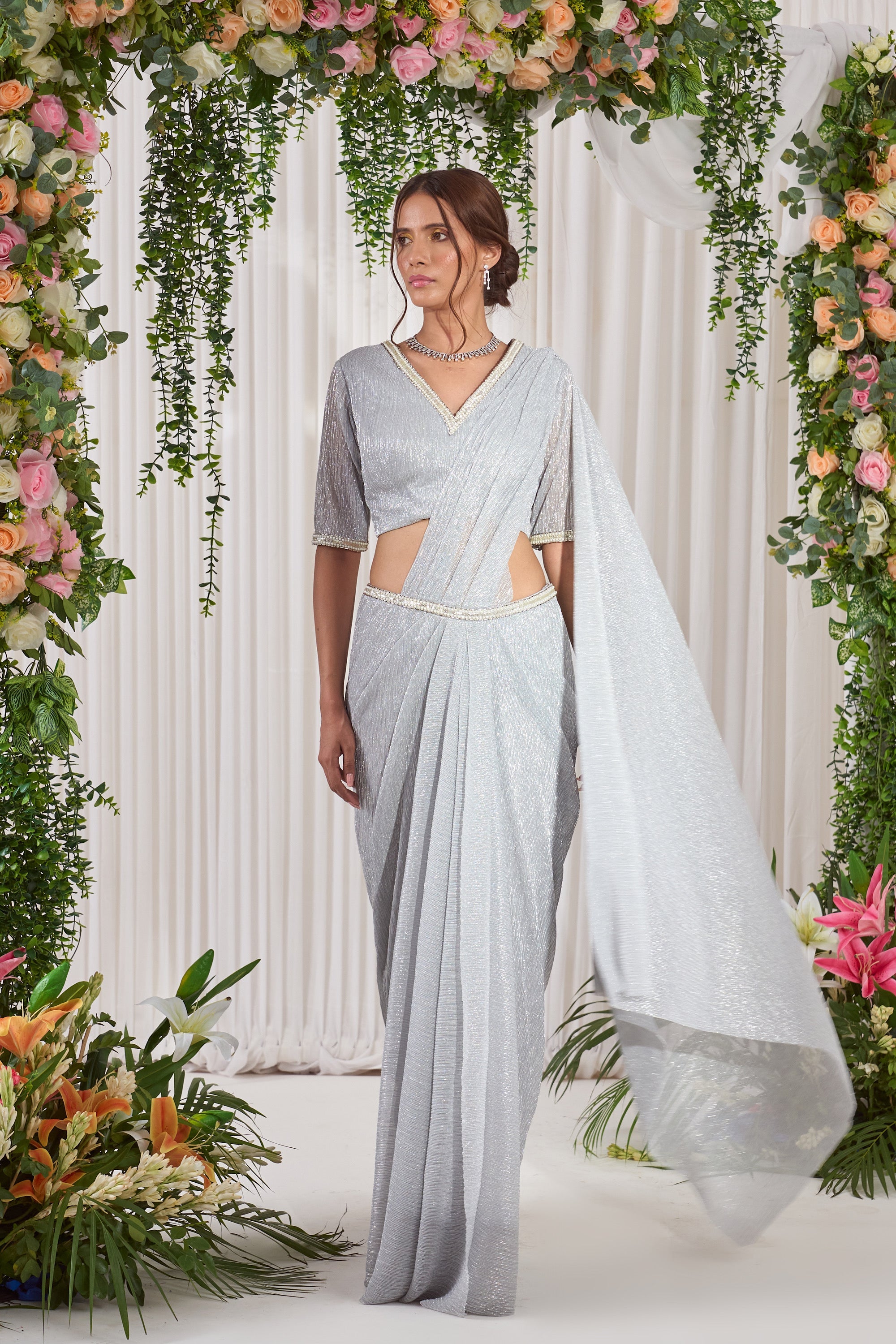 Buy Designer Sliver Embroidered Indo Saree | Nidhika Shekhar