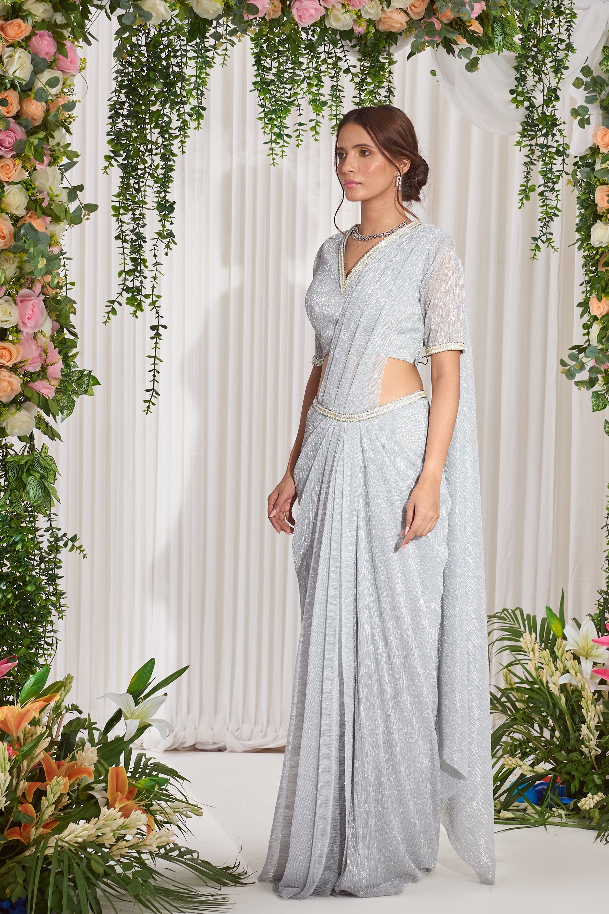 Buy Designer Sliver Embroidered Indo Saree | Nidhika Shekhar