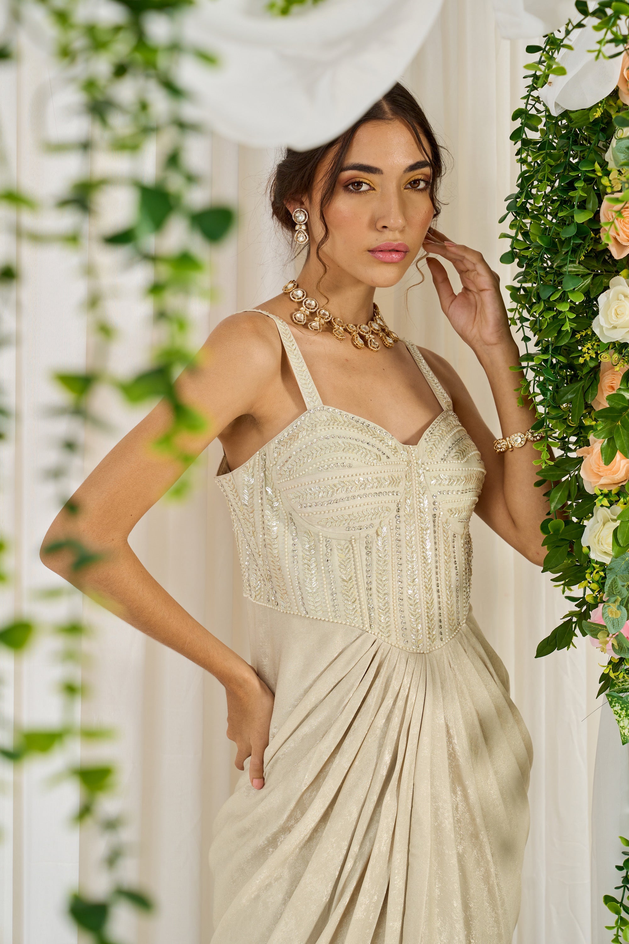 Buy Women's Ivory Gold Goddess Corset Gown | Nidhika Shekhar