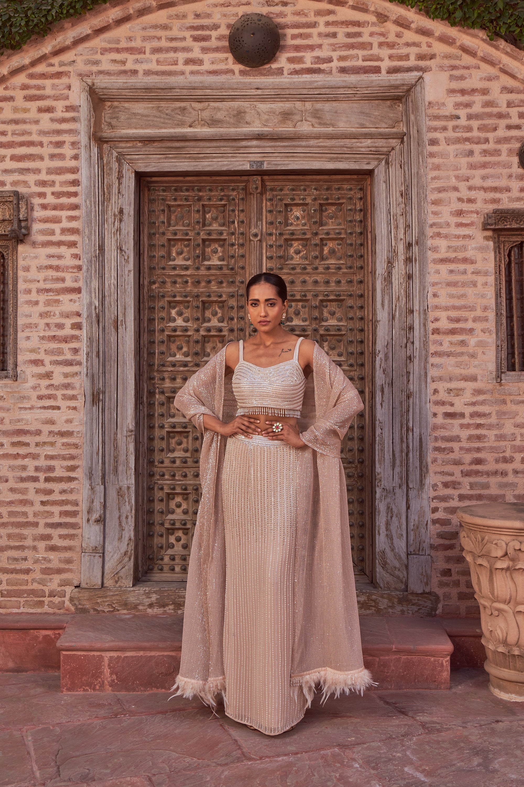 Women's Champagne Embroidered Lehenga Set | Nidhika Shekhar