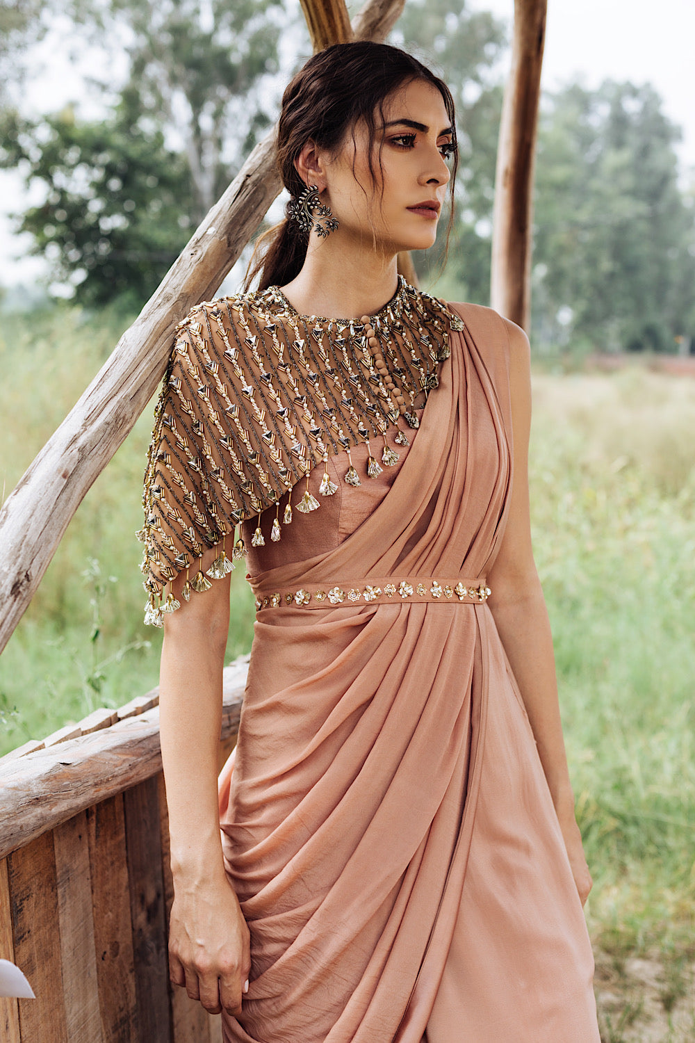 Buy Women's Nude Cape Saree Gown Set | Nidhika Shekhar