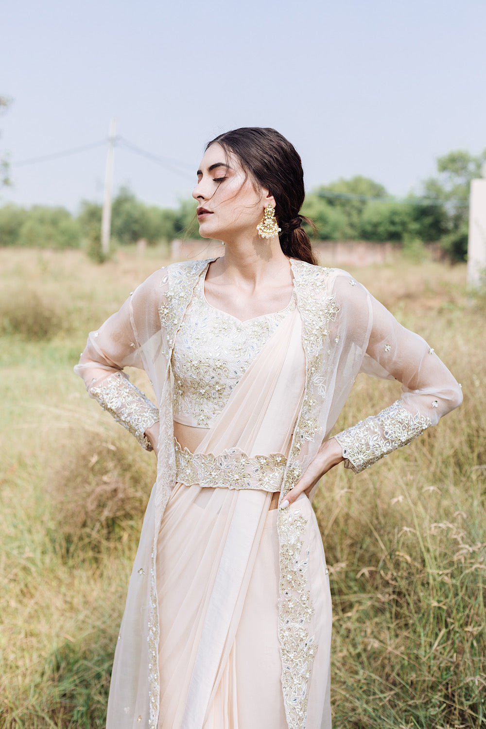 Shop Women's Beigish Peach Drape Saree | Nidhika Shekhar