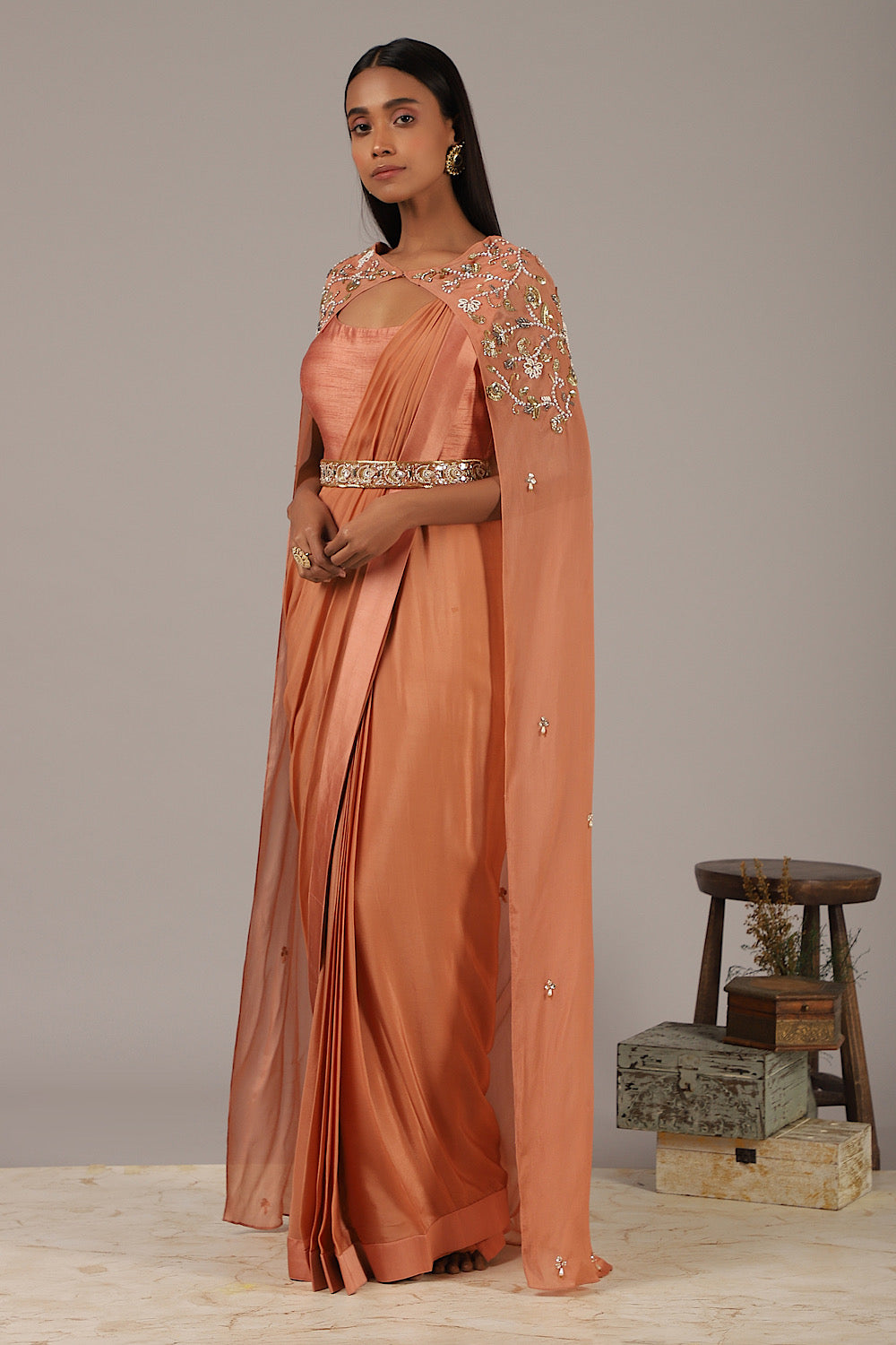 Pankhi - Designer Nude Drape Saree Gown | Nidhika Shekhar