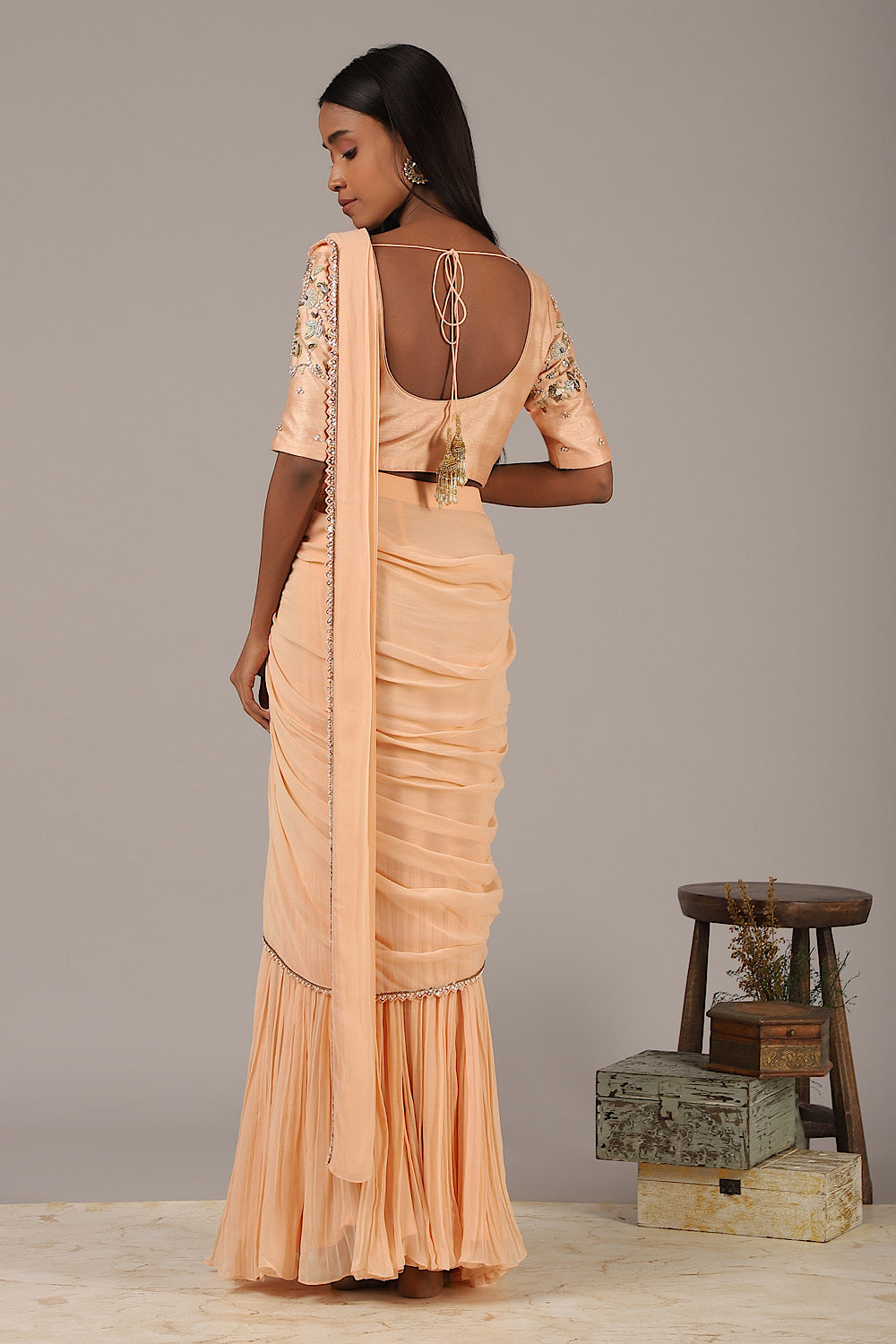 Peach Embroidered Drape Crinkle Saree Set | Nidhika Shekhar