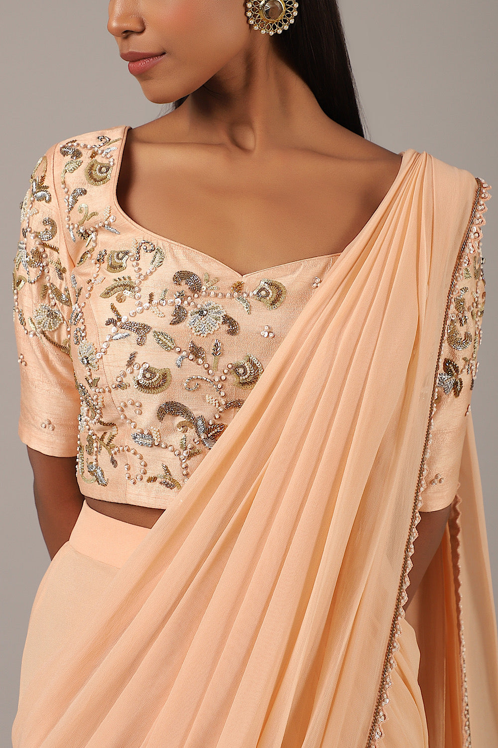 Peach Embroidered Drape Crinkle Saree Set | Nidhika Shekhar