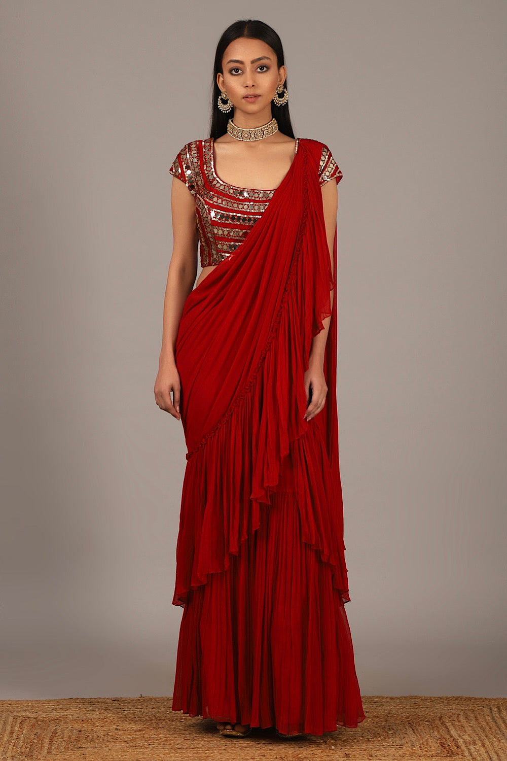 Designer Red Crinkle Drape Saree